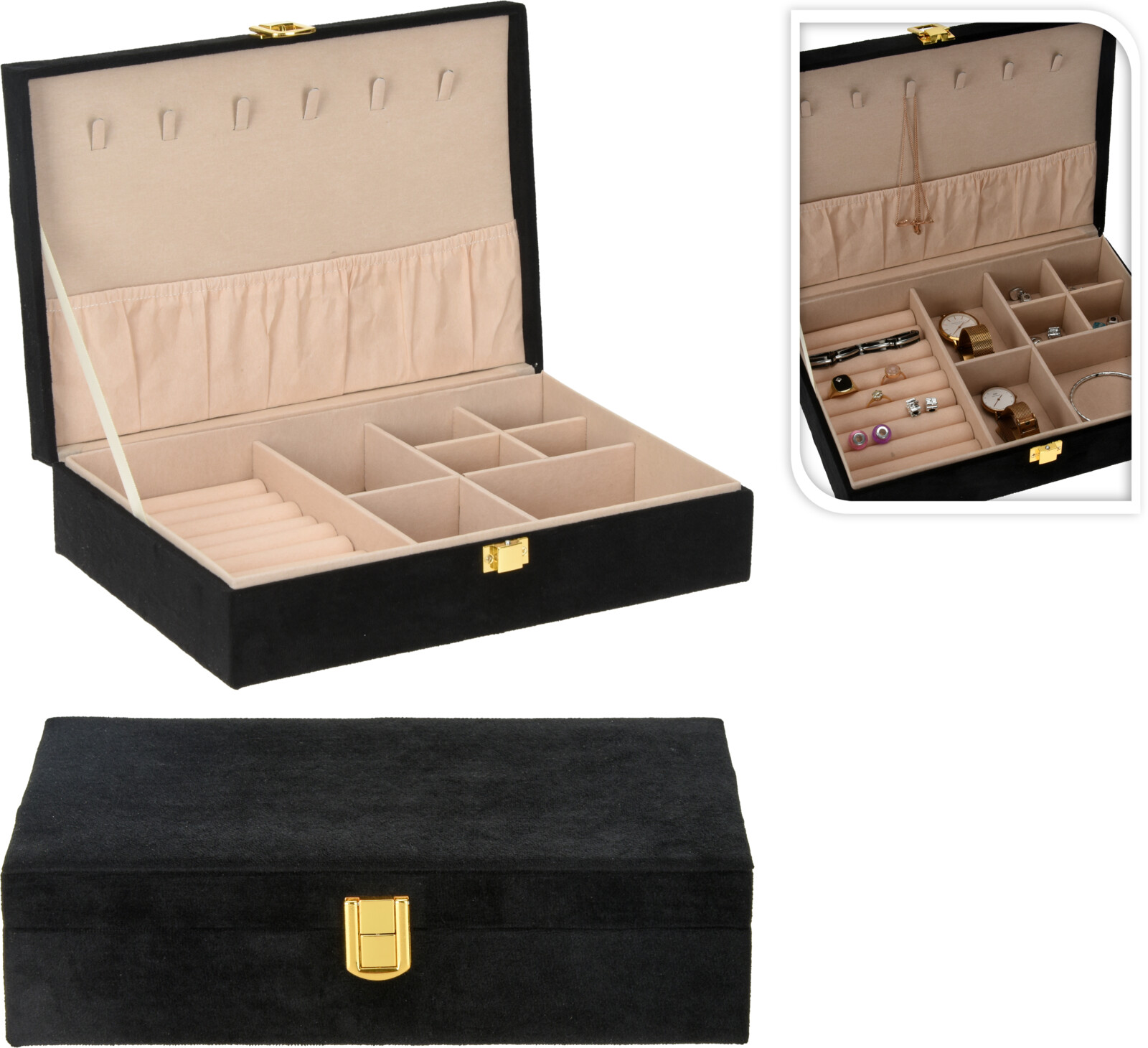 Juwelendoos Zwart 28x19x7 cm - Beige Fluwelen Voering