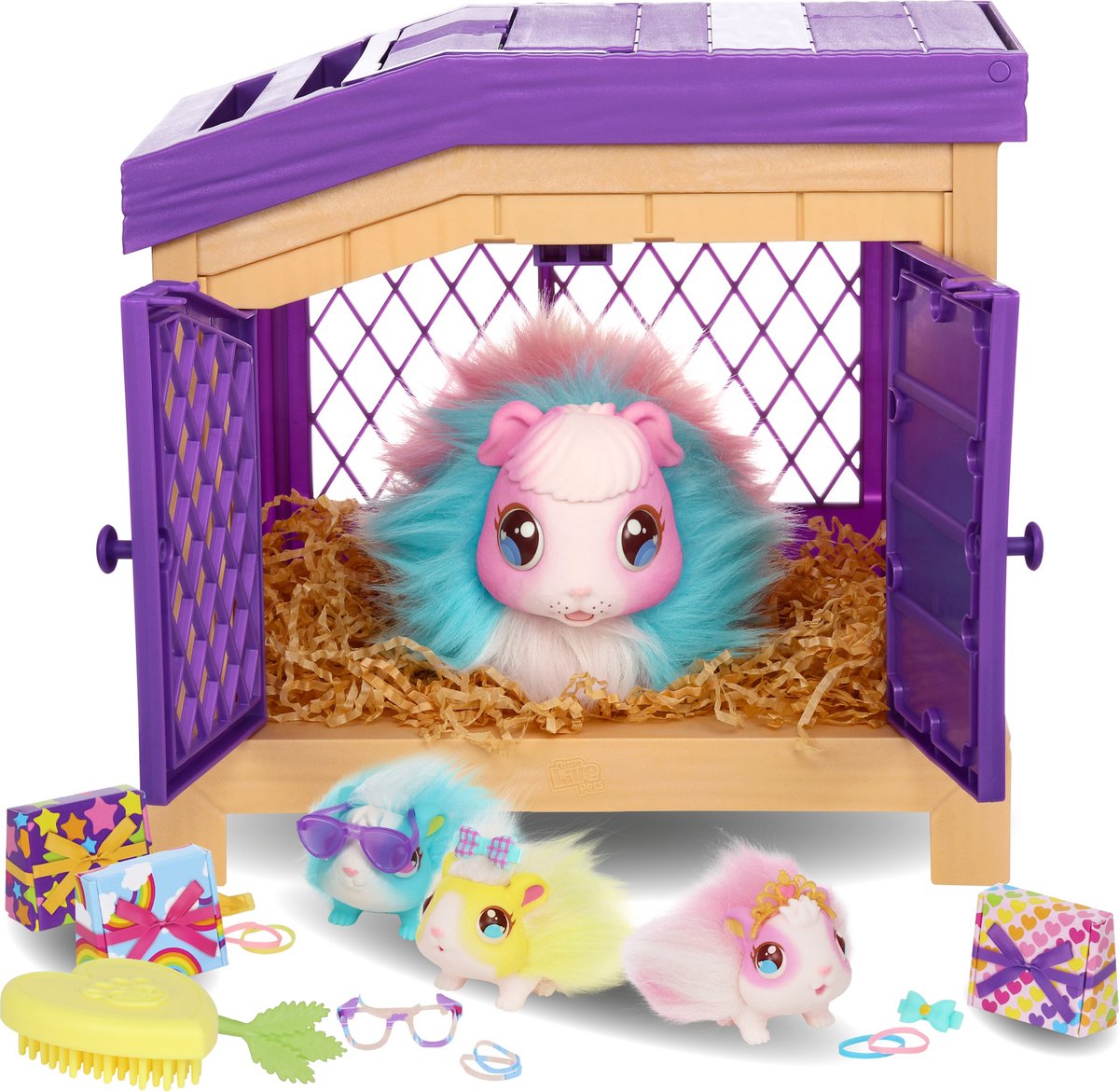 Mama Surprise - Pluche Cavia Regenboog krijgt 3 baby's, compleet met kooi,