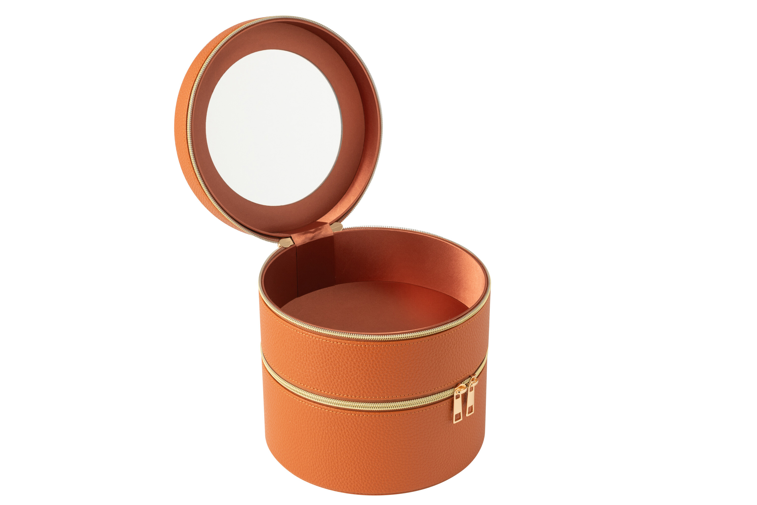 J-Line Make-updoos met Spiegel Cognac 19.5x19 cm - Rond - Kunstleder - Juwelendoos