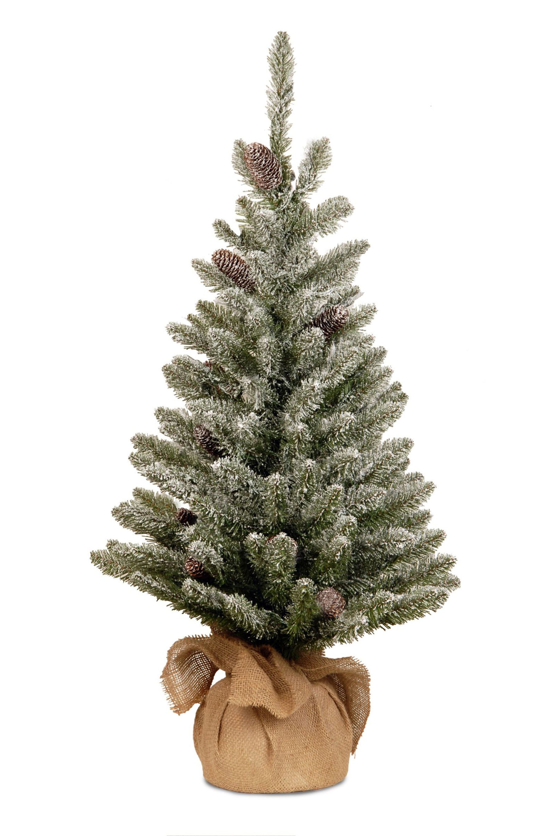 Kerstboom Snowy Concolor 61x41 cm met Dennenappels - 75 Tips - PVC - in Jute Zak