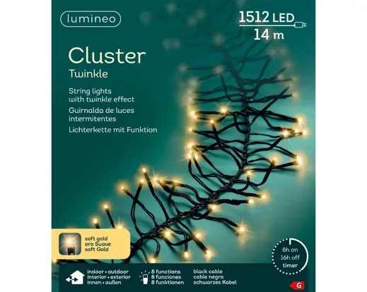Kerstverlichting LED Cluster Twinkle 14m - 1512 Lights - Black/Soft Gold - Outdoor