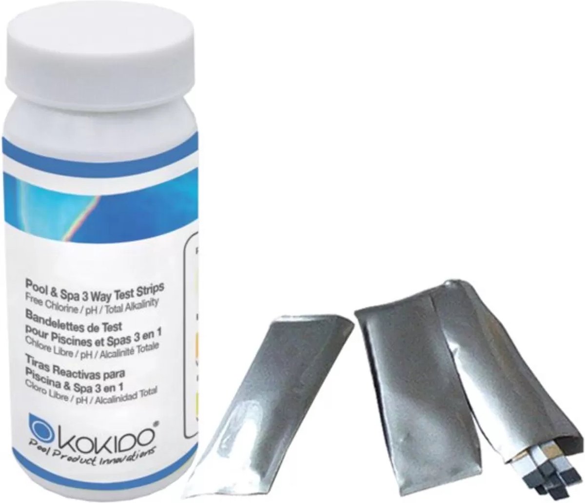 Kokido Teststrips 50 stuks Zwembad en Jacuzzi Water (Vrij chloor, PH en Alkalinewaarde)