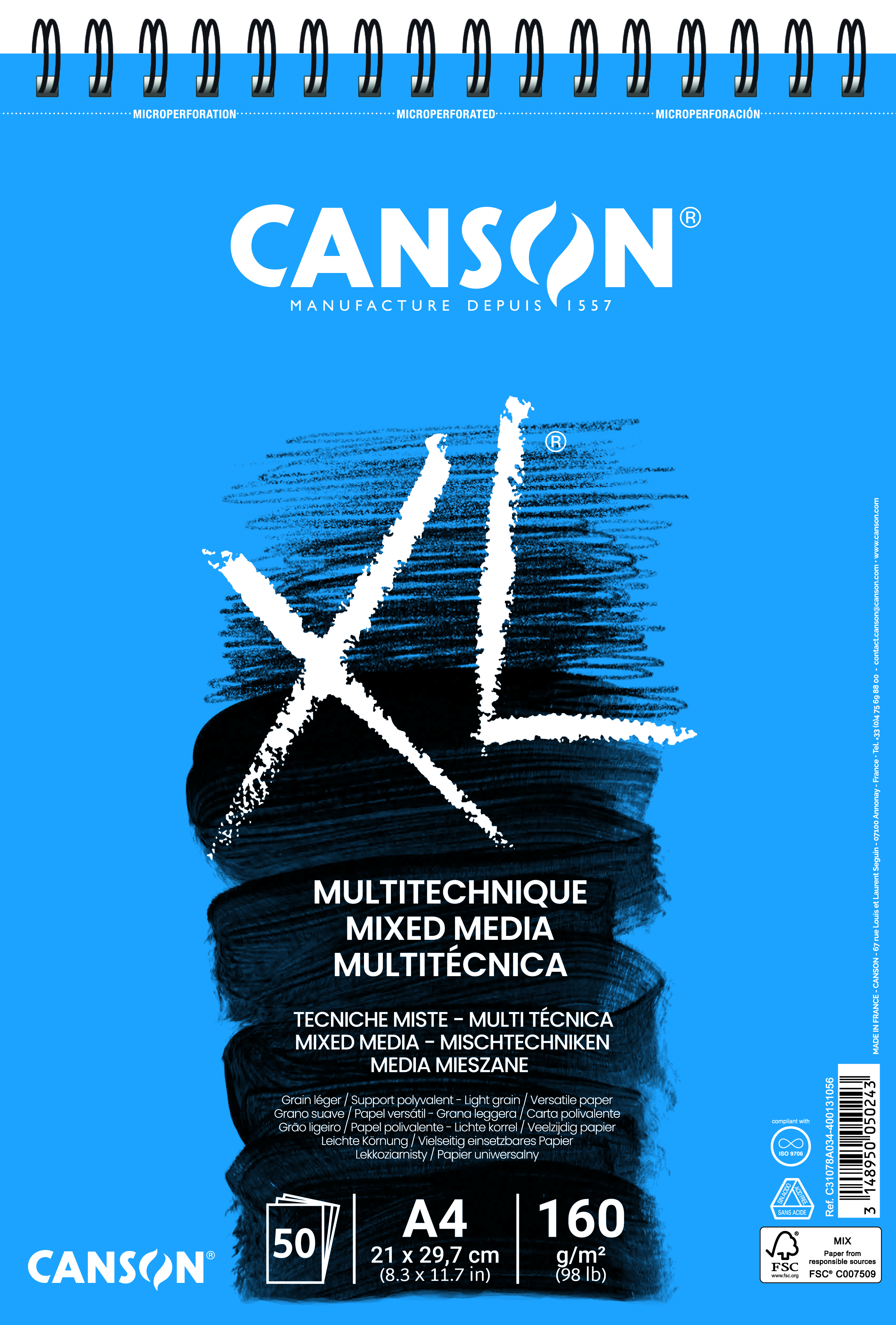 Canson Tekenblok XL Mixed Media A4 Spiraal Fijne Korrel Wit 50 vel 160 g