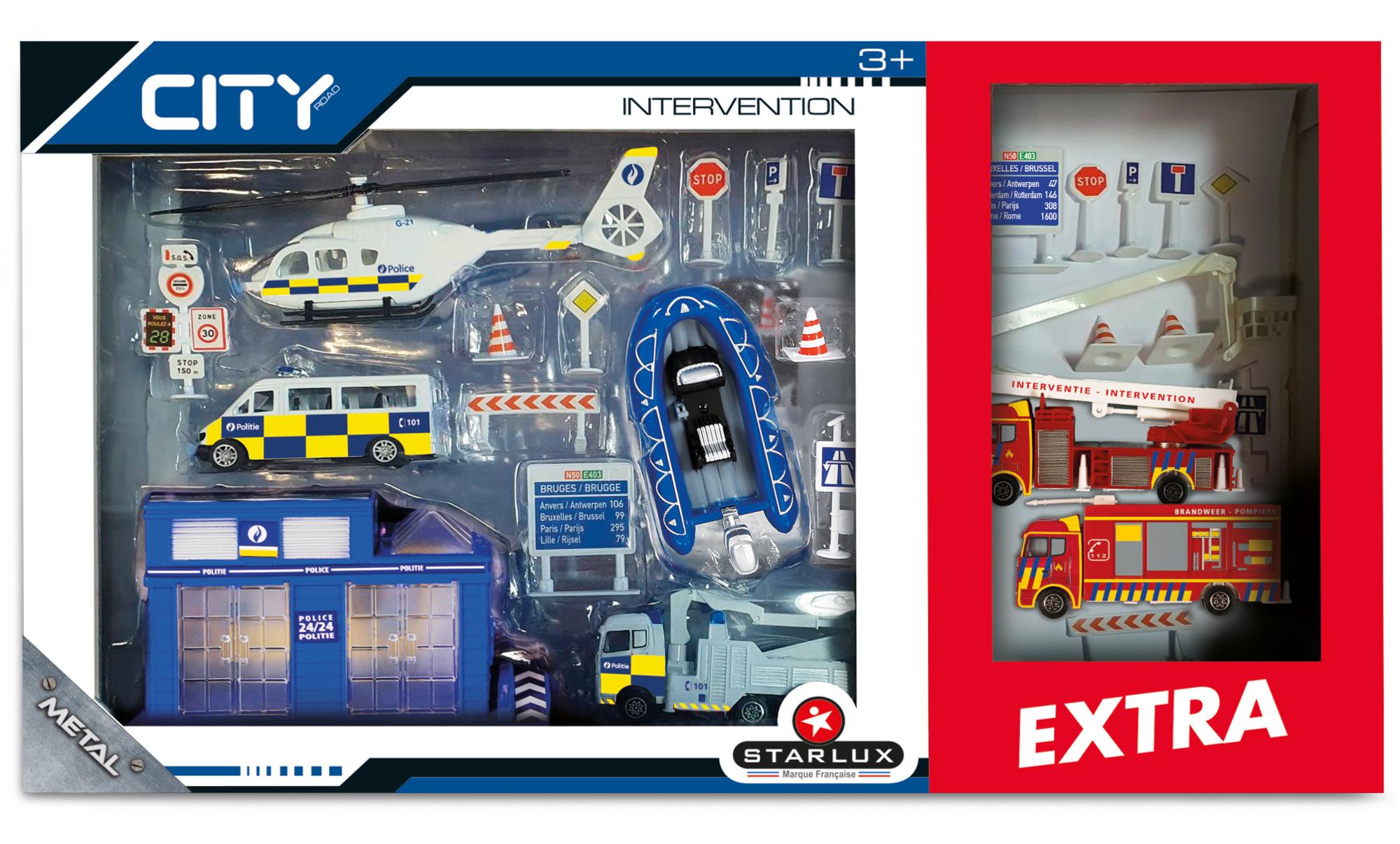 Politie en Brandweer speelset met Belgische politie en brandweer metalen voertuigen,