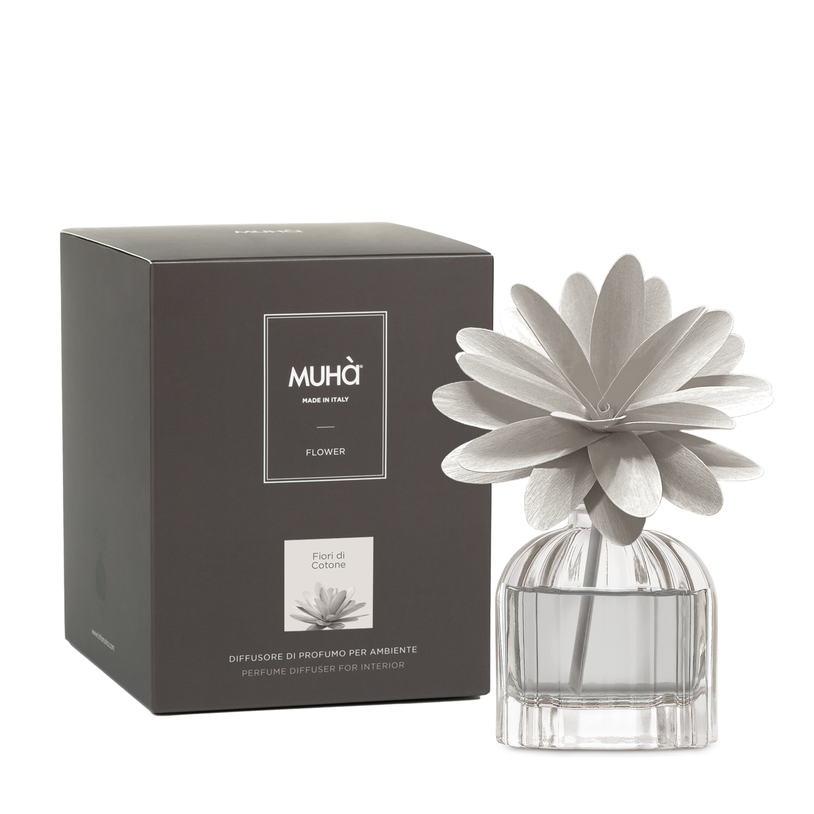 Muhà Geurdiffuser Flower Light Grey 60ml - Cotton Flowers