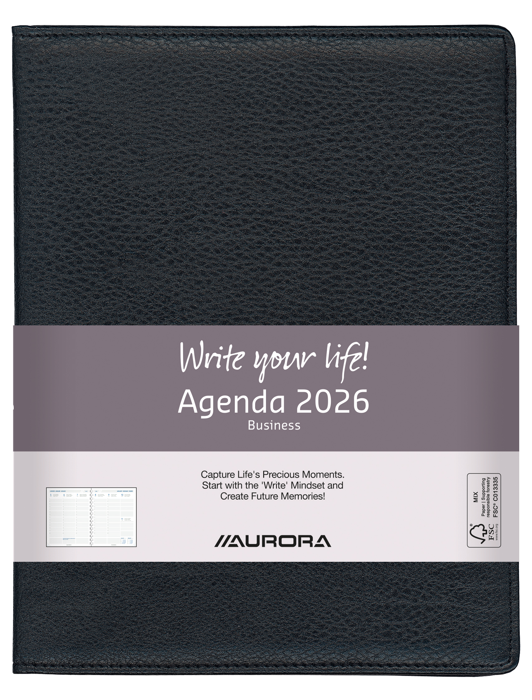 Aurora Agenda 2026 Business Perl Finesse 1week/2pag Zwart Kunstleder 17.5x22.5 cm