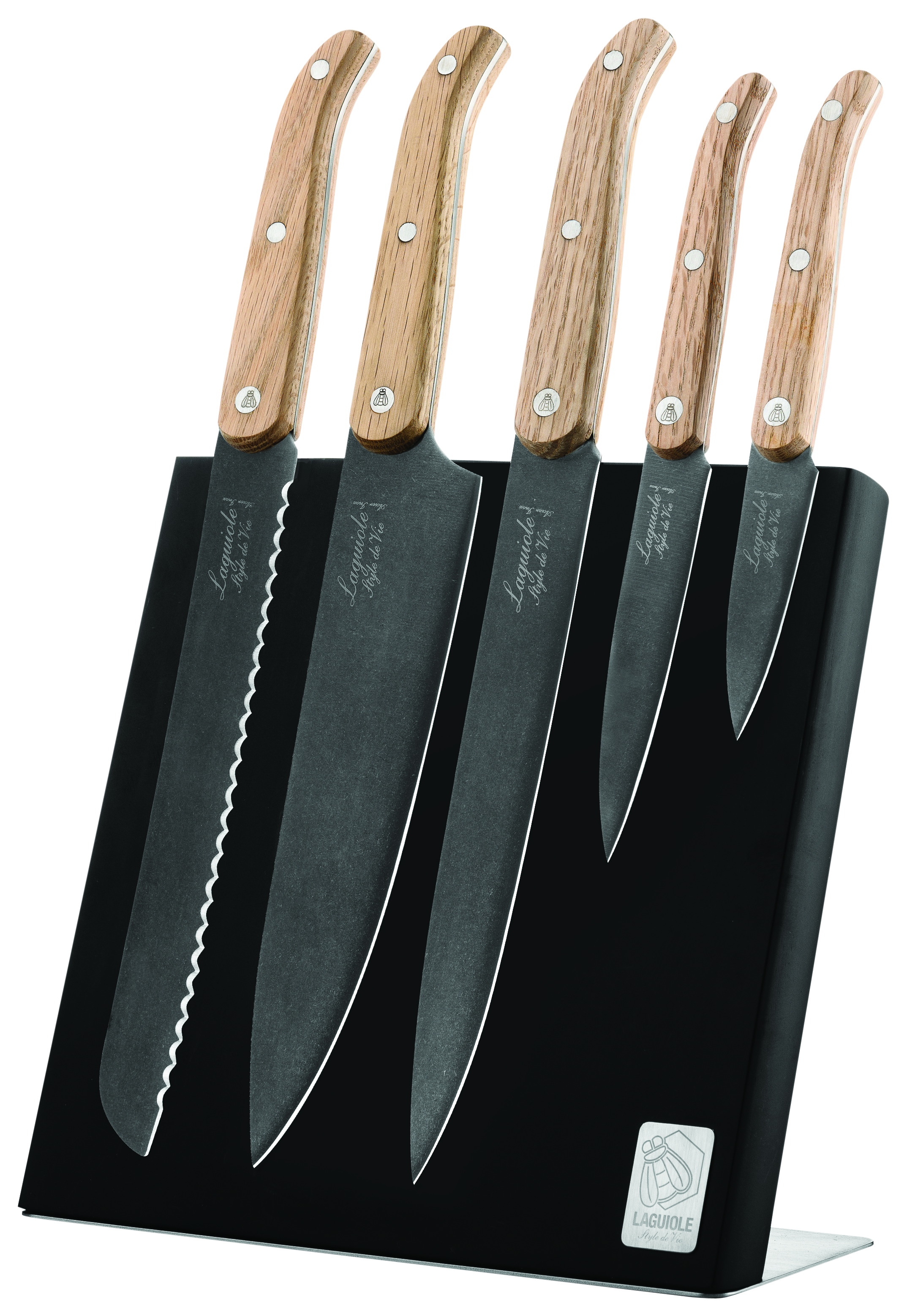 Laguiole Messenset Eik 5-delig op Magnetisch Zwart Blok by Style de Vie