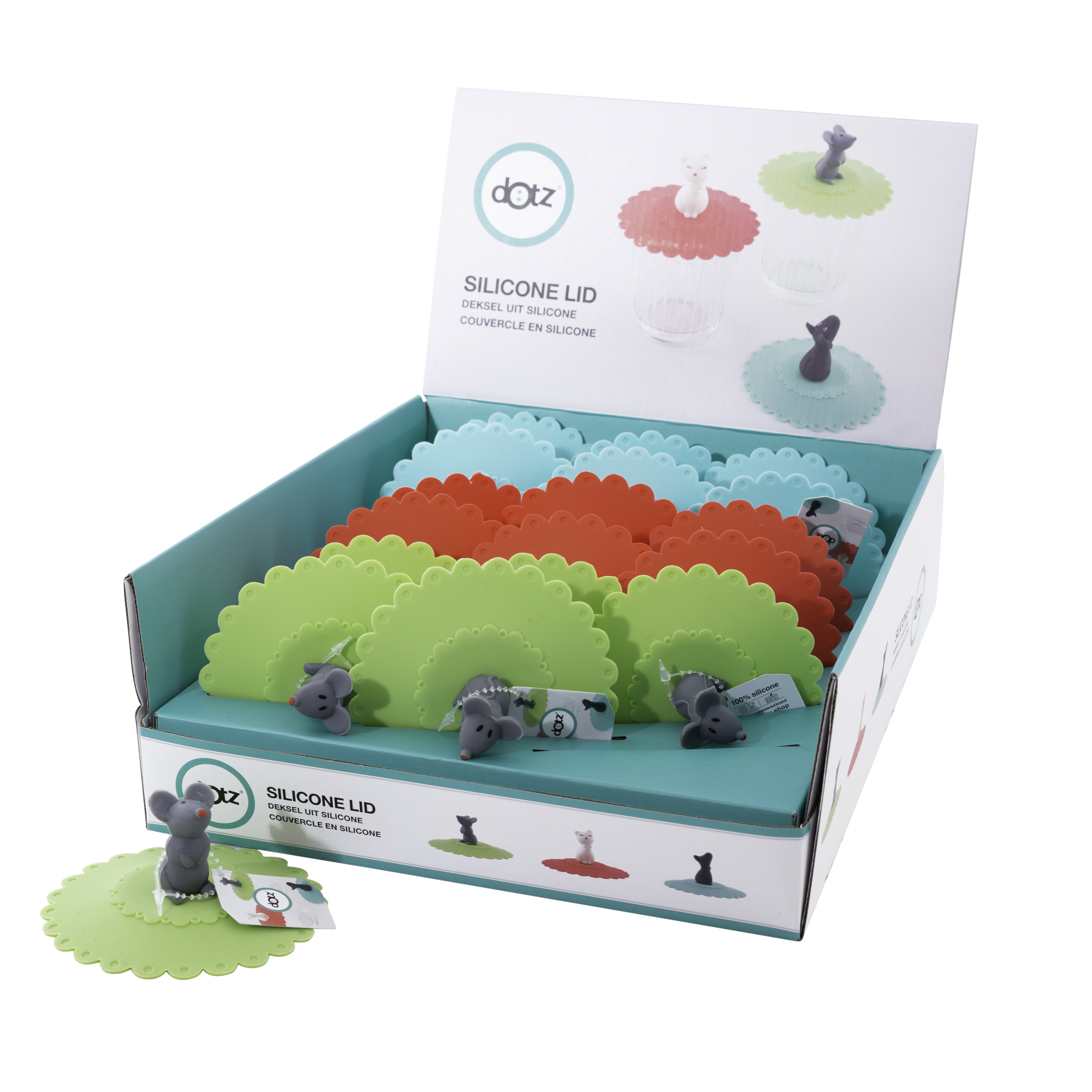 Dotz Deksel uit Silicone Assorti Animals Groen/Blauw/Rood - prijs per stuk - Drinklglasbeschermer