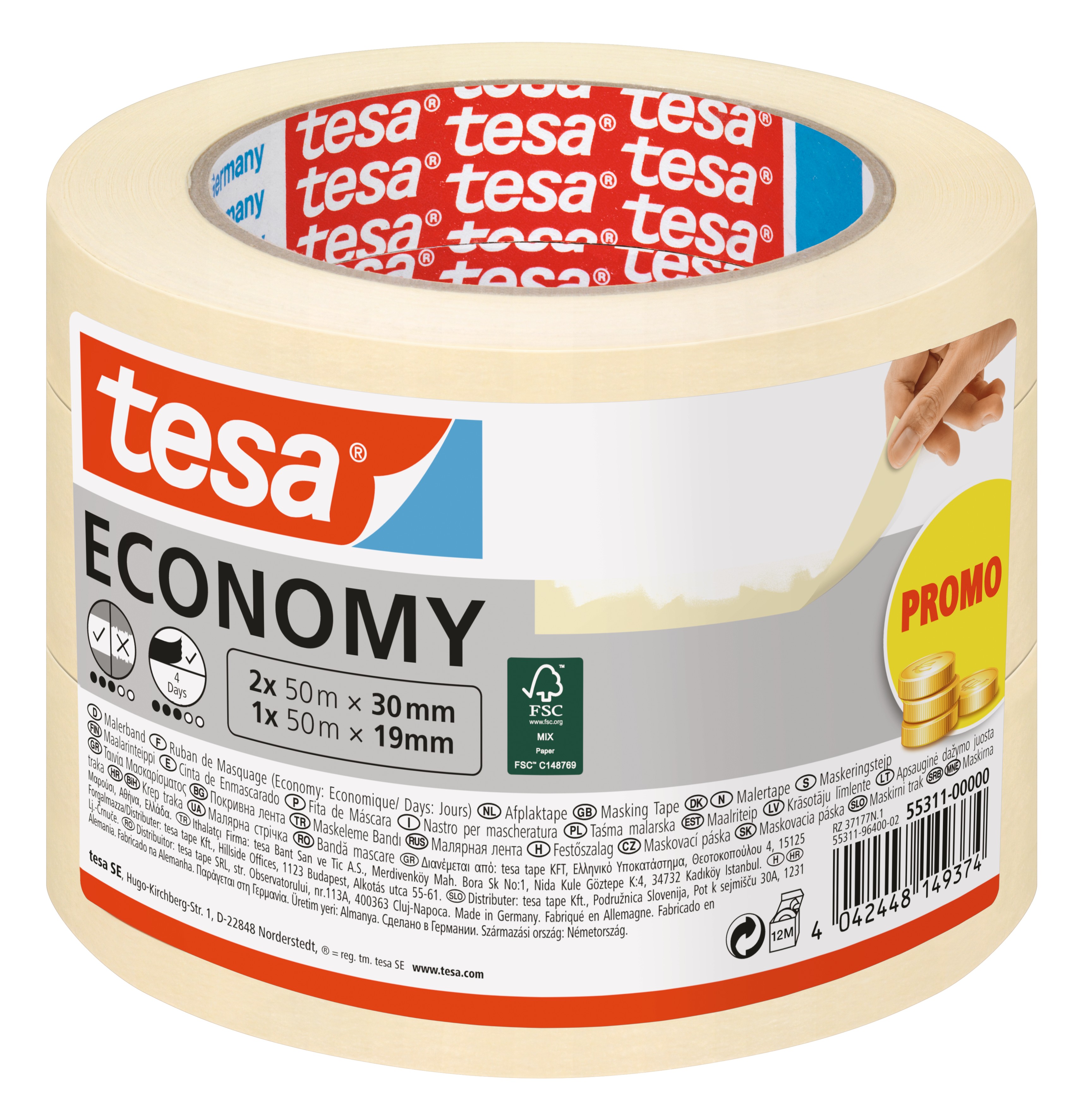 Tesa Maskingtape Universeel Promopack 2x 50 m x 30 mm en 1x 50 m x 19 mm