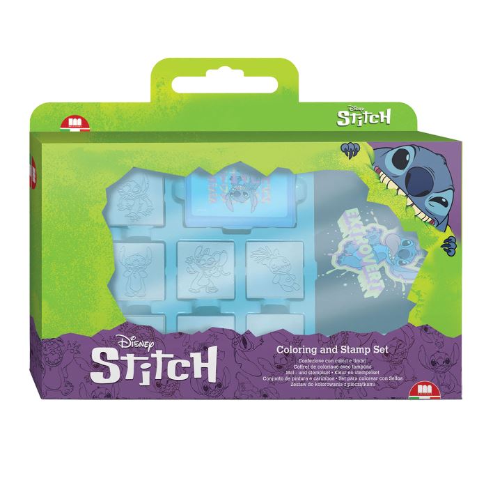 Stitch Stempeldoos 7 houten stempels, 3 stiften, inktkussen
