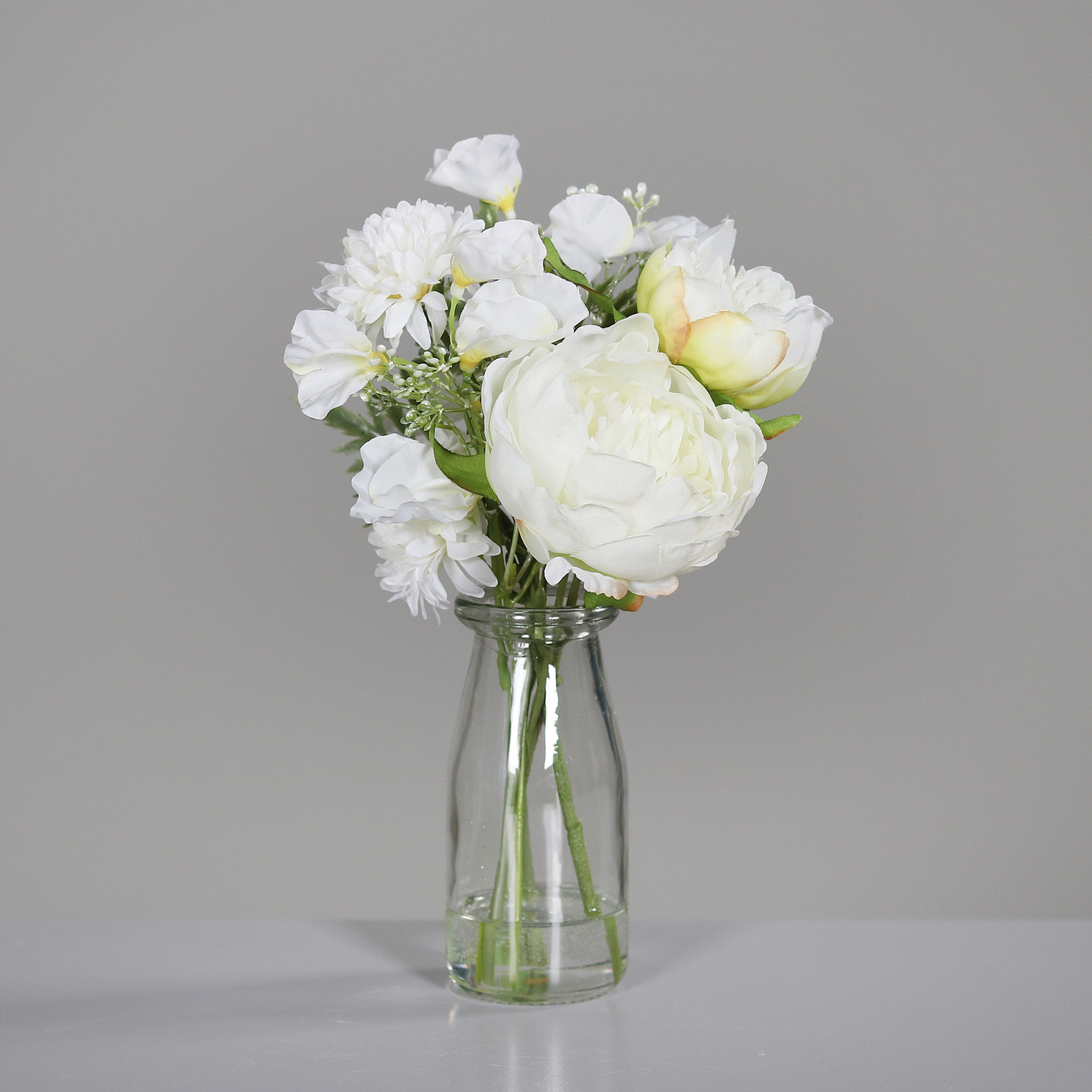 Boeket Flower Mix Creme 32cm - in Glazen Vaas met Kunstwater