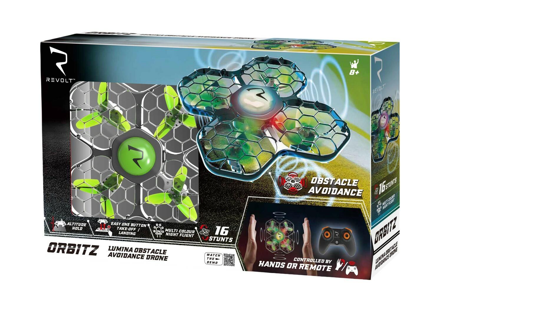 Revolt Orbiter Lumina Obstacle Avoidance Drone, RC of hand bediening, 3.7 V. USB laden