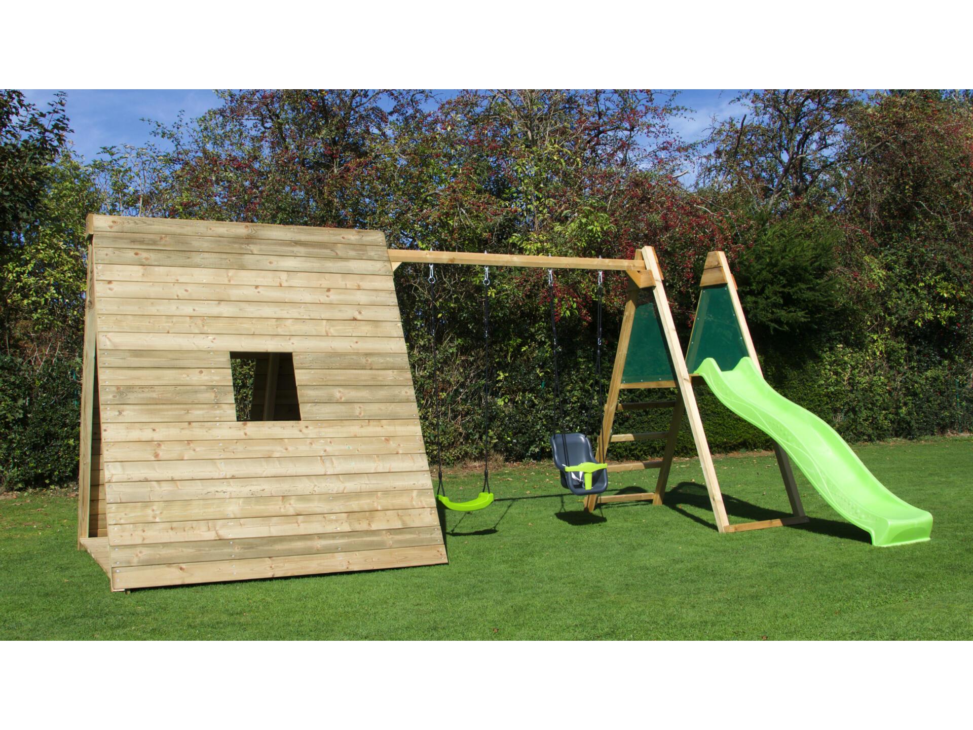 BnB Wood Totem Speelhuis met Schommel en groene Glijbaan