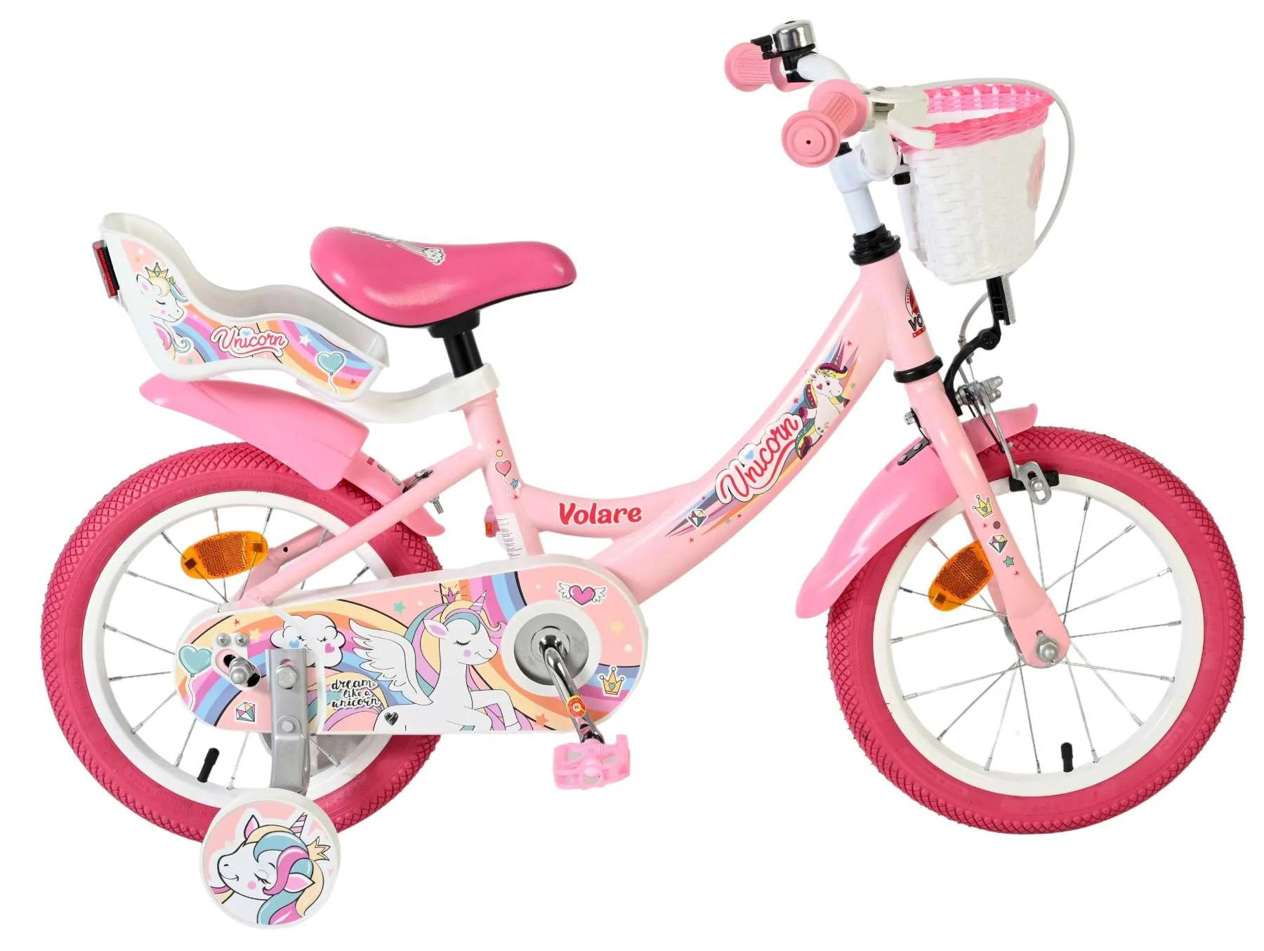 Volare Unicorn Kinderfiets Roze Handrem+Terugtraprem met Mandje en Poppenstoeltje 14 inch