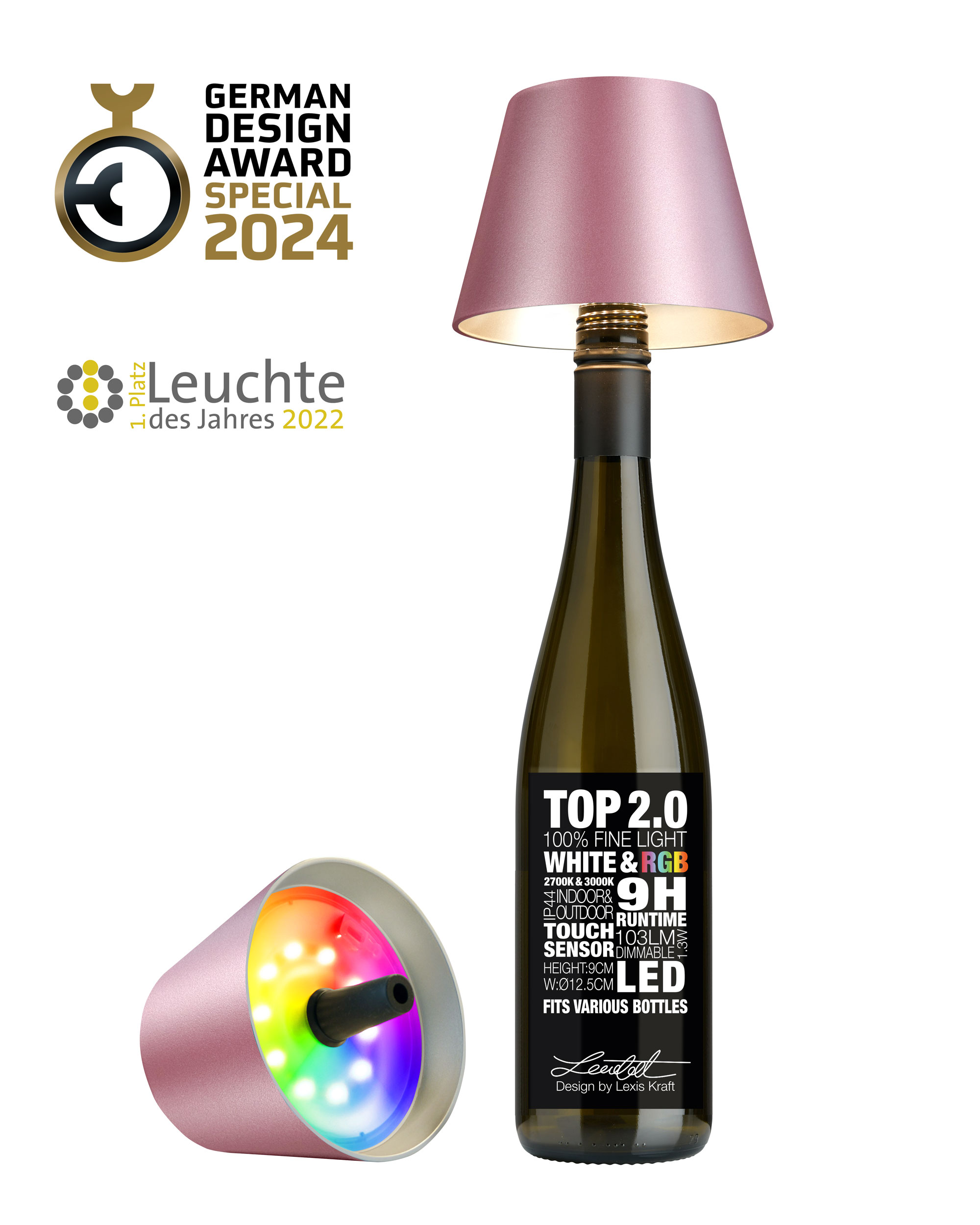Sompex LED Tafellamp Top 2.0 Pink Metallic - 9x12.5 cm - Oplaadbaar via USB-C (incl.) - 1.3 W