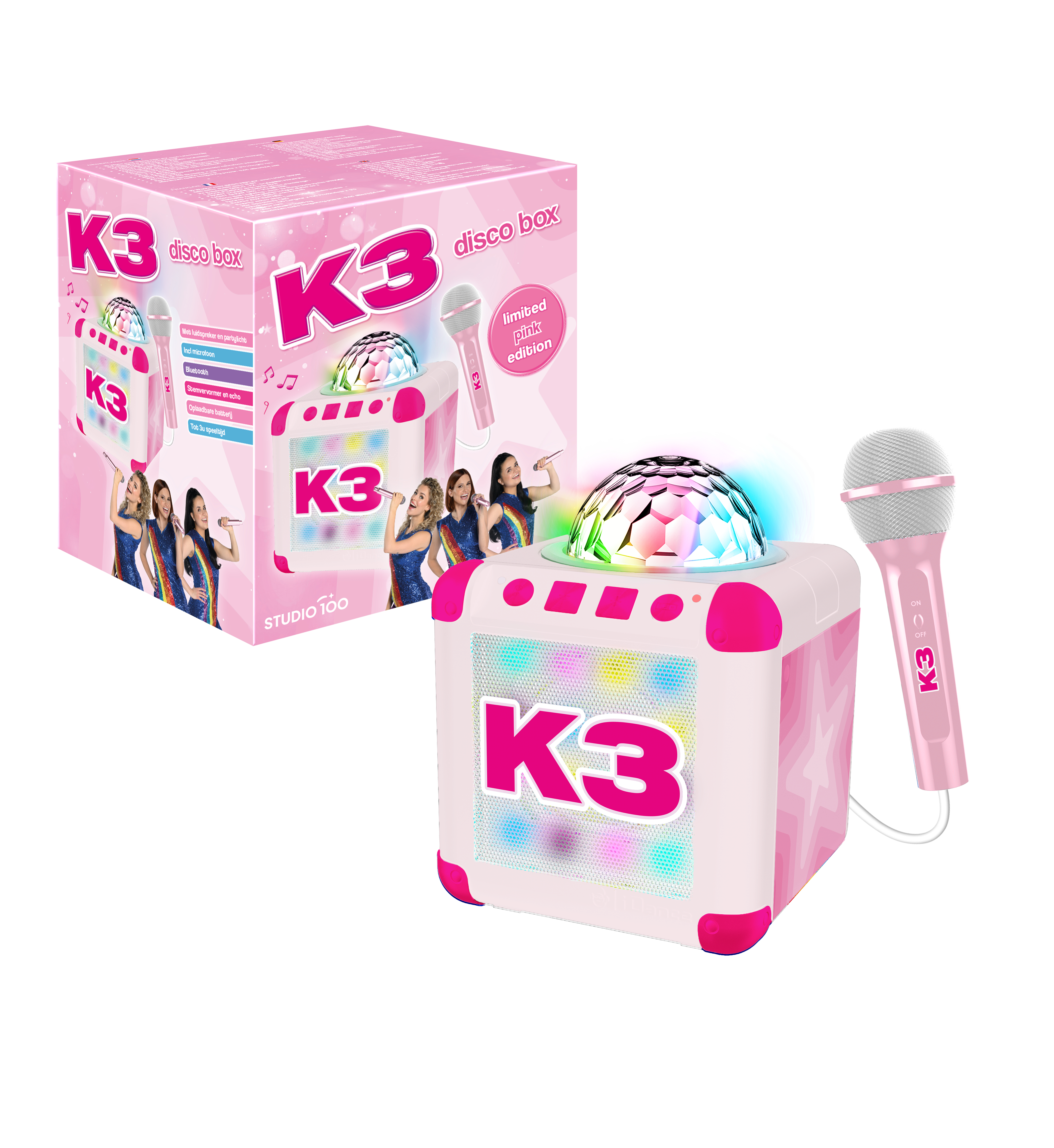 K3 Karaokebox Bluetooth Roze Discolichtshow-Luidspreker-Microfoon