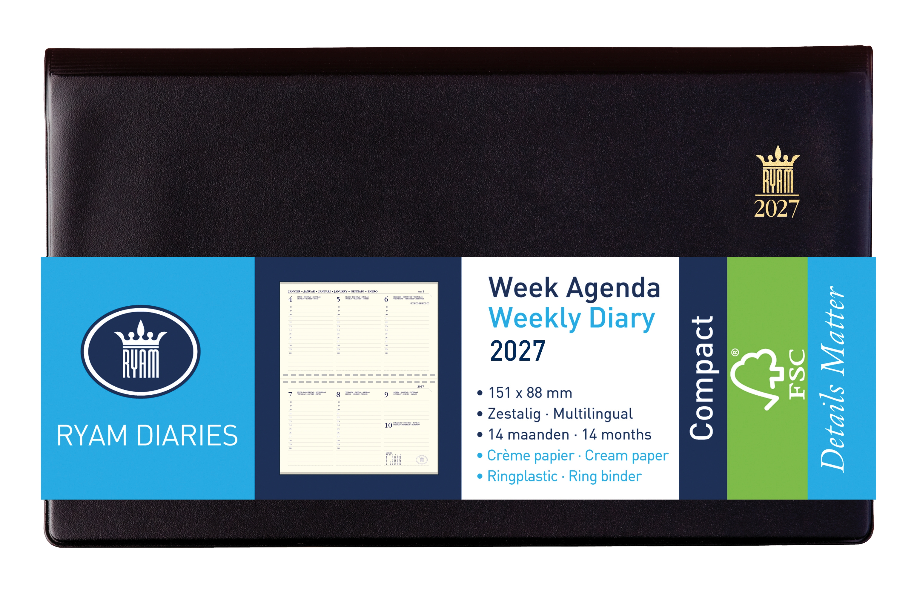 Ryam Agenda 2027 Compact Suprema Creme 1week/2pag Zwart 15x9 cm