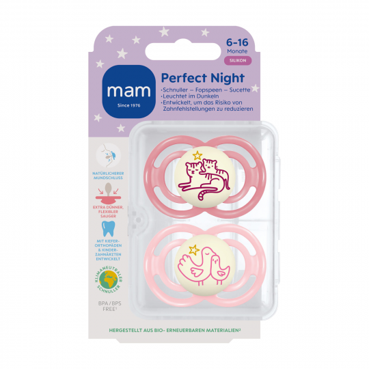 Mam Fopspeen Perfect Start Night Silicone Roze 6-16 maand - 2 stuks