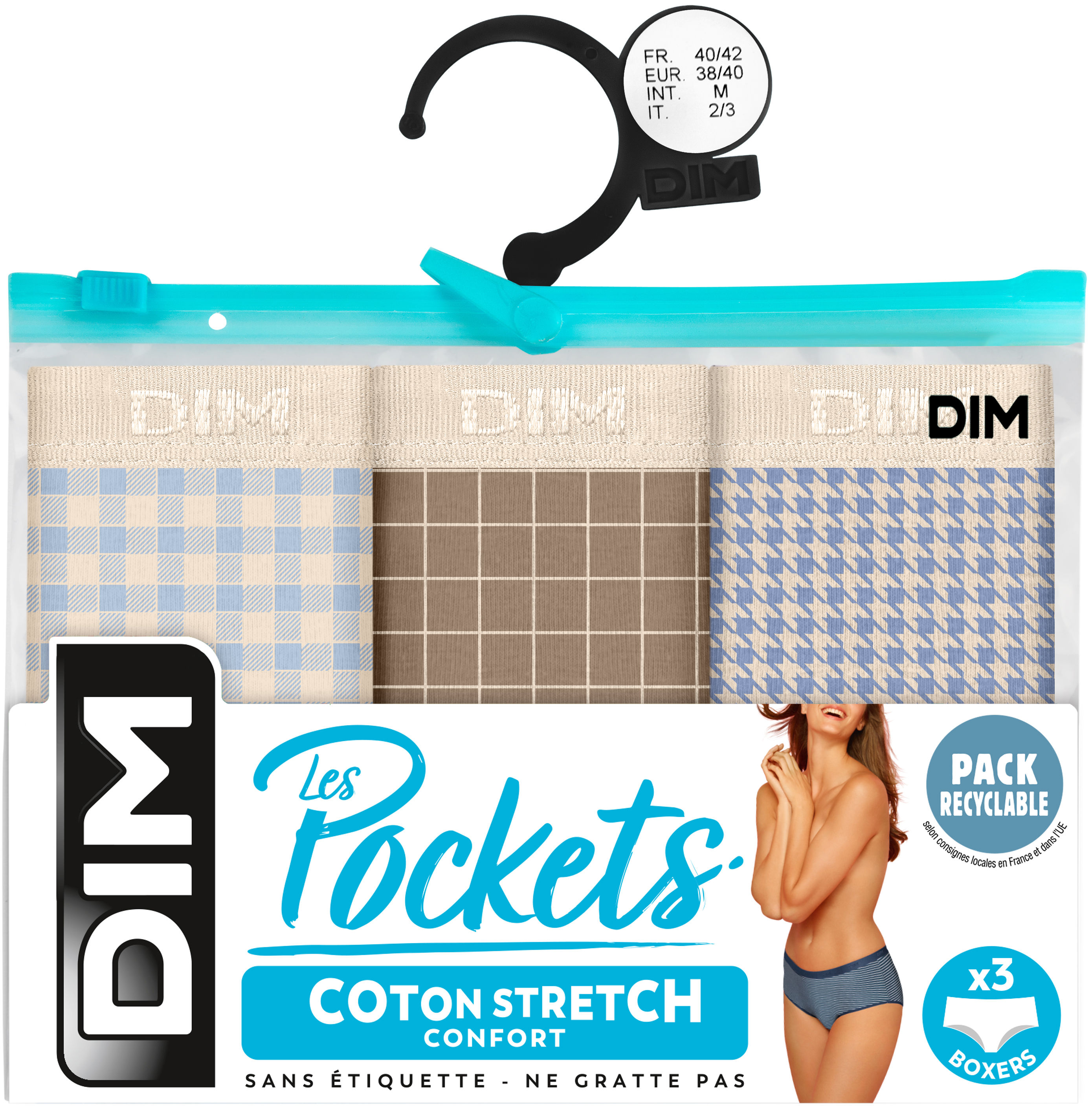 Dim Boxer Dames Les Pockets 3 stuks Lot Douceur Quadrillee  - maat 34/36 Dim Boxer Dames Les Pockets 3 stuks Lot Douceur Quadrillee  - maat 34/36