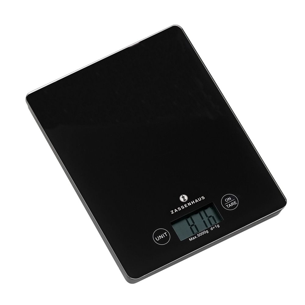 Zassenhaus Keukenweegschaal Balance Black 16x21 cm - Digitaal - Glas - tot 5kg - op 1g - met LCD-scherm