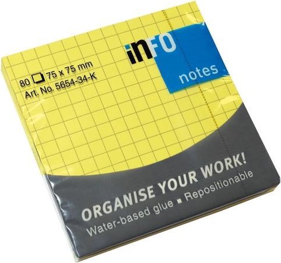 Info Notes Sticky Notes 75x75 mm - Fel Geel - 80 vellen - Ruitjes
