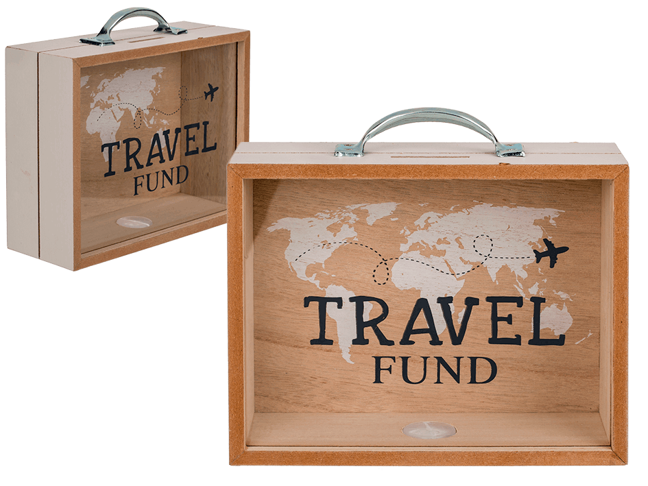 Spaarpot Hout Travel Fund 20.5x12 cm