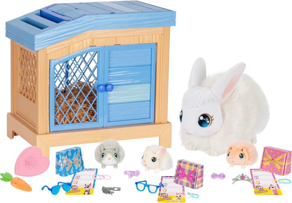 Mama Surprise - Pluche Bunnie krijgt 3 baby konijntjes, compleet met kooi,