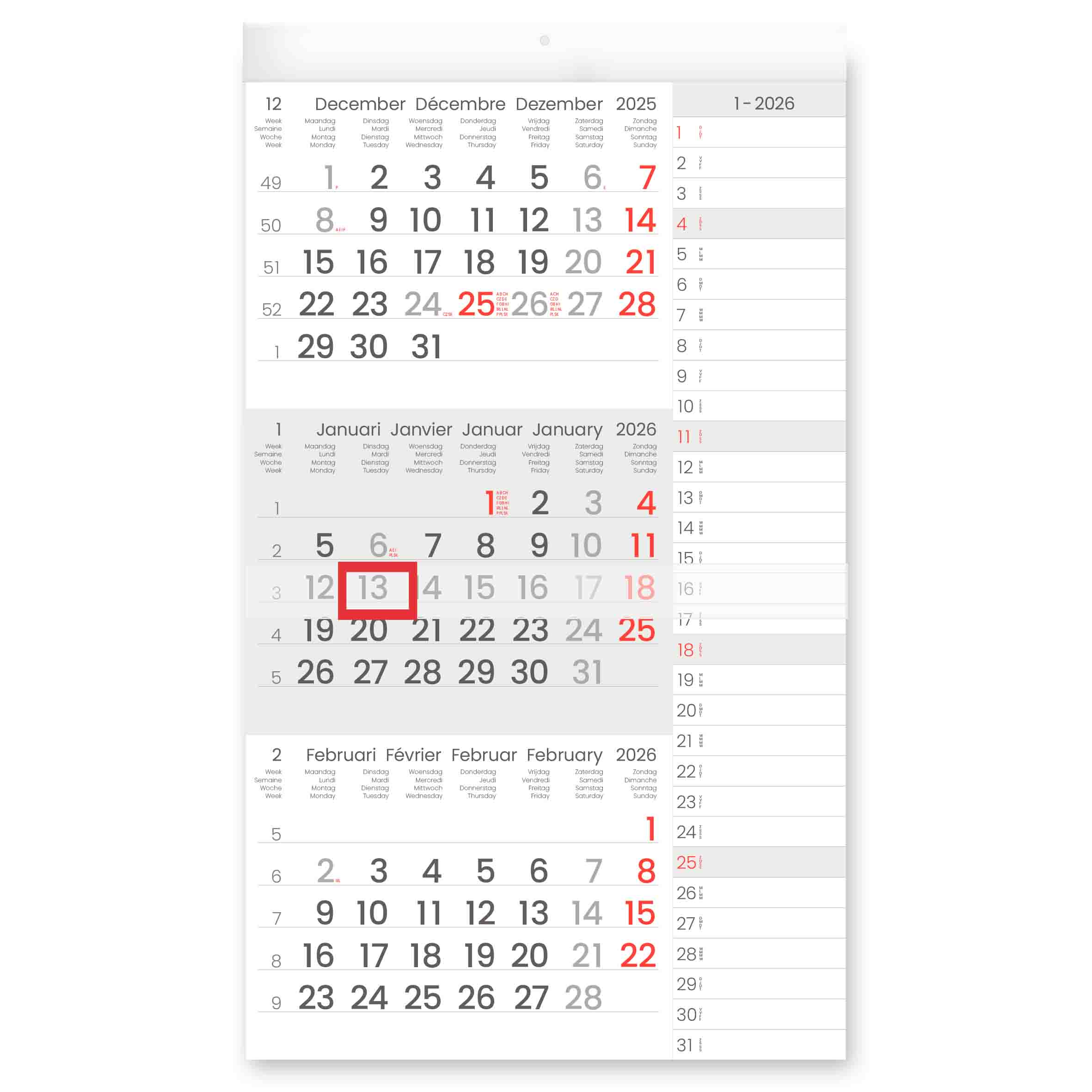 Driemaandkalender 2026 Manager Notes 29x50 cm
