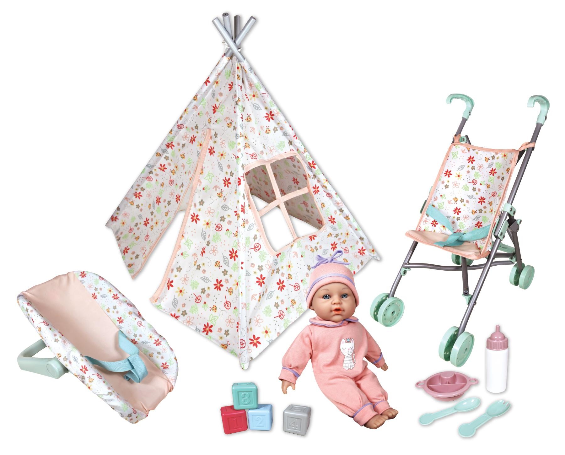 Baby Tent set, Pop 30 cm met Poppenwagen, Tent, Draagzetel en accessoires, 12 delig