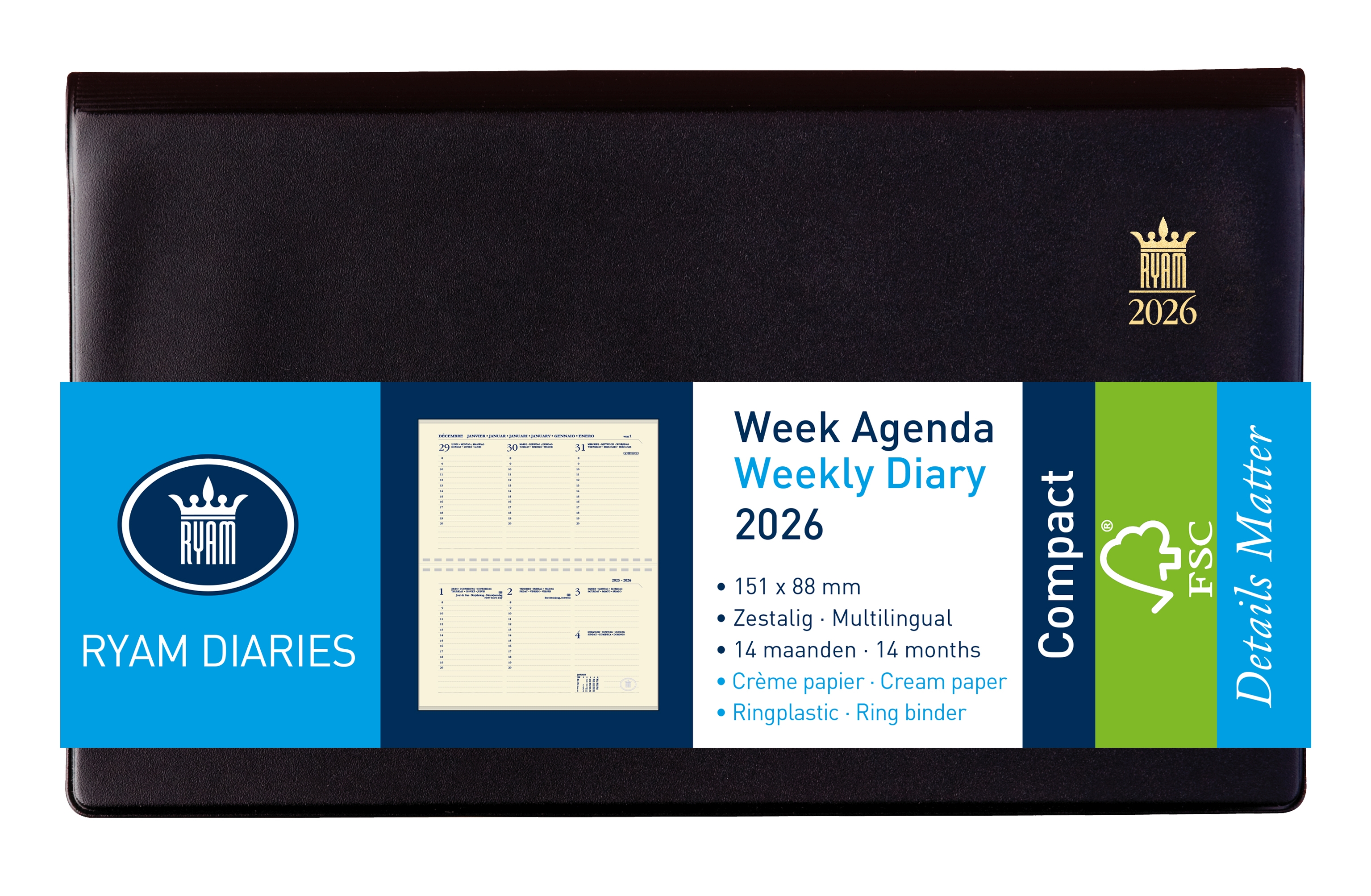 Ryam Agenda 2026 Compact Suprema Creme 1week/2pag Zwart 15x9 cm