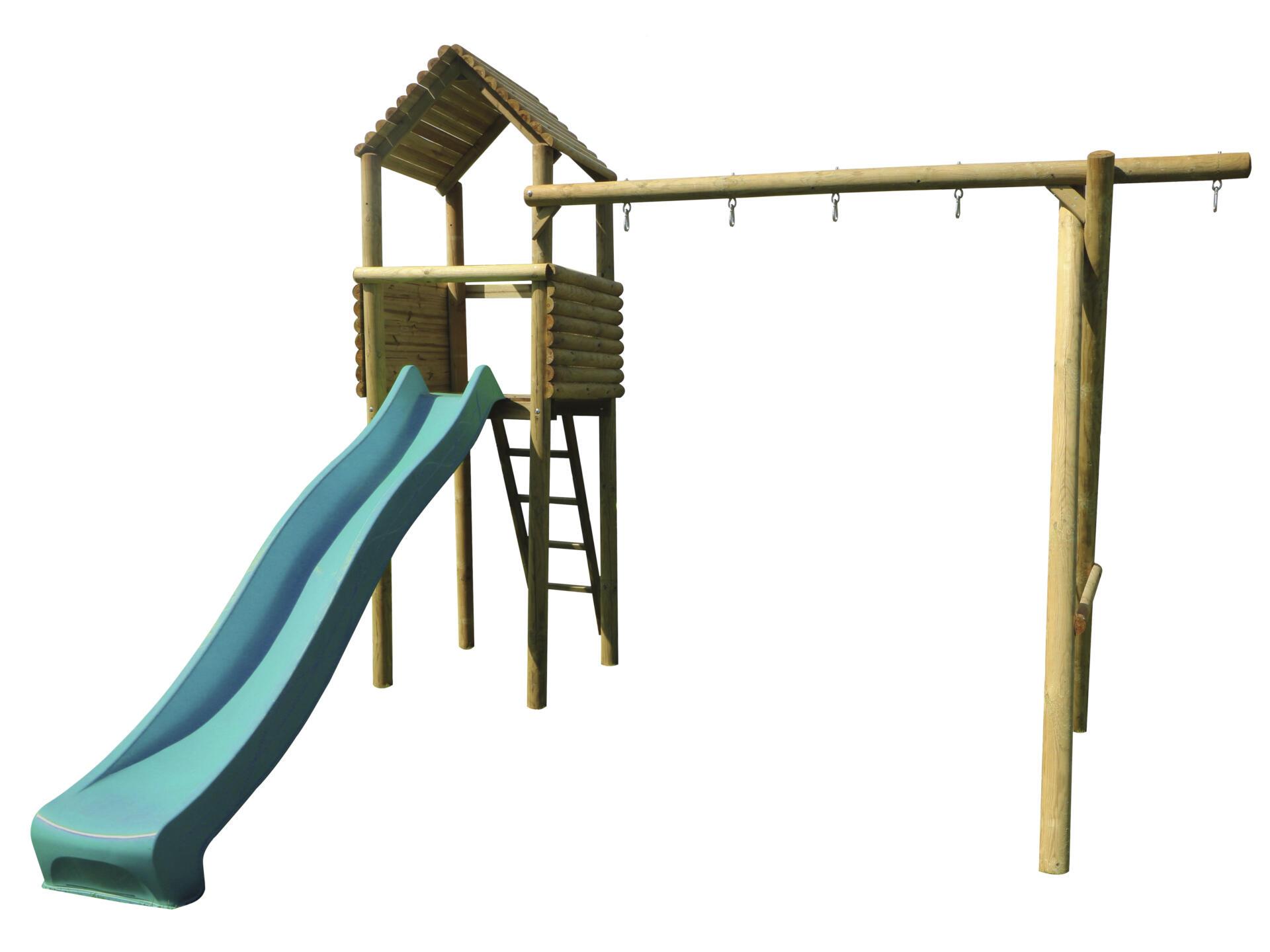 BnB Wood Maeva Speeltoren met turquoise Glijbaan