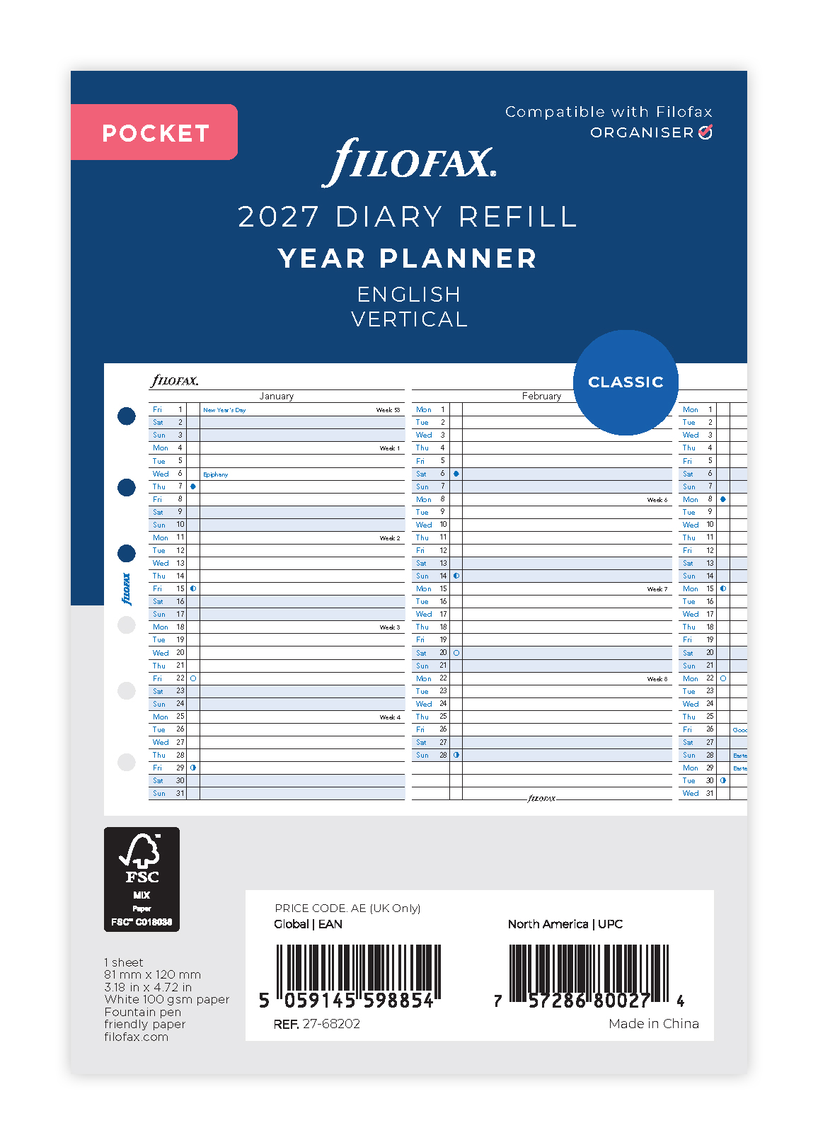 Filofax Jaarplanner 2027 Pocket Verticaal 8.1x12 cm