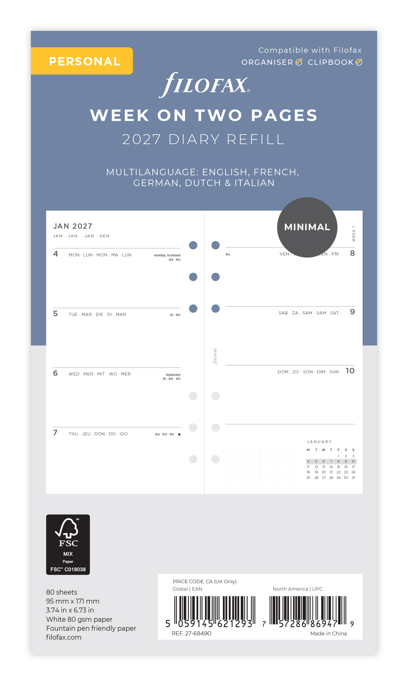 Filofax Agendavulling 2027 Minimal Personal Meertalig 1week/2pag 9.5x17.1 cm