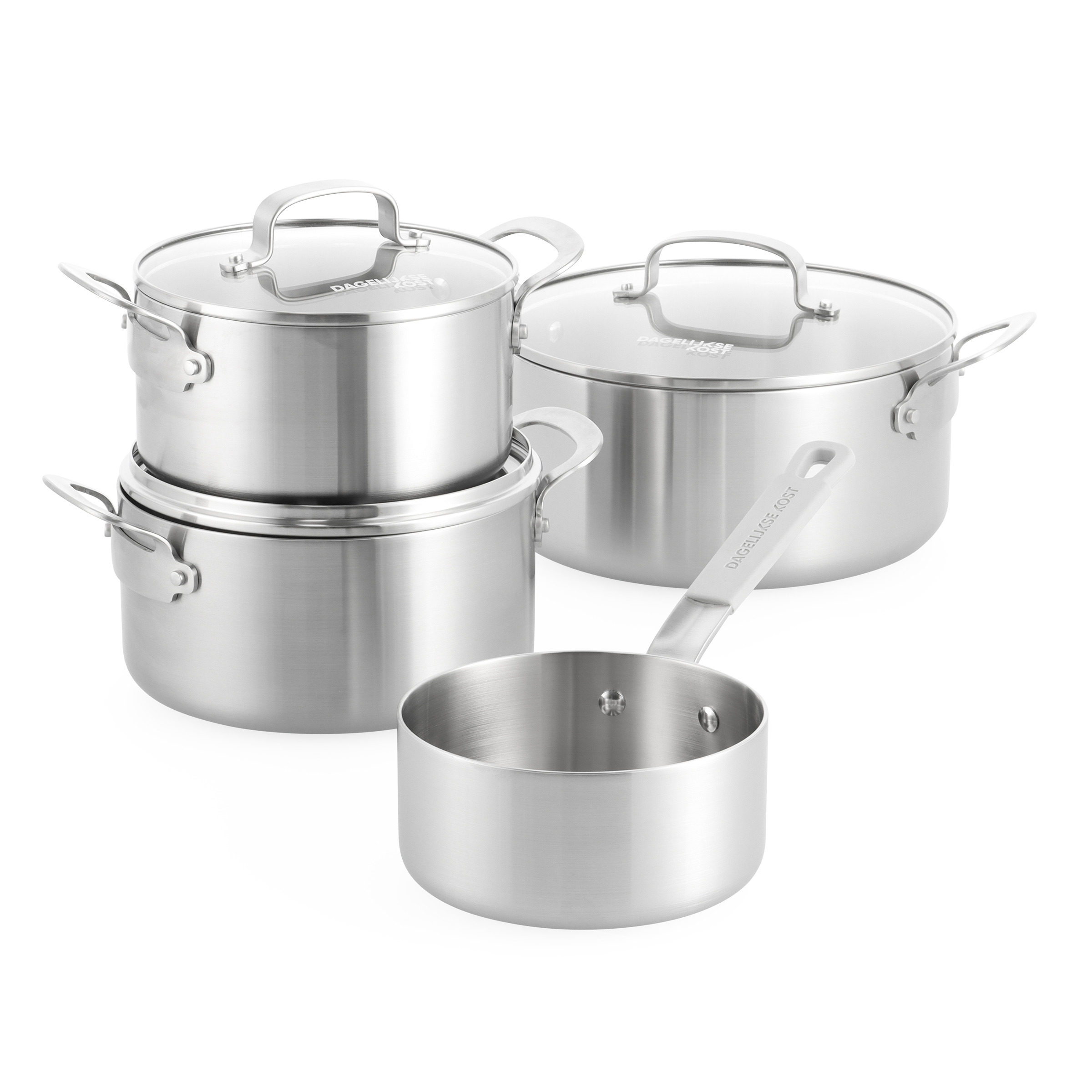 Dagelijkse Kost Kookpottenset Proline 3-Ply 4-delig - Kookpot 18/20/24cm met Deksel en Steelpan 16cm - 3-laags RVS - alle Vuren
