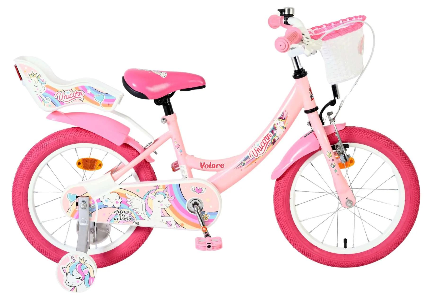 Volare Unicorn Kinderfiets Roze Handrem+Terugtraprem met Mandje en Poppenstoeltje 16 inch