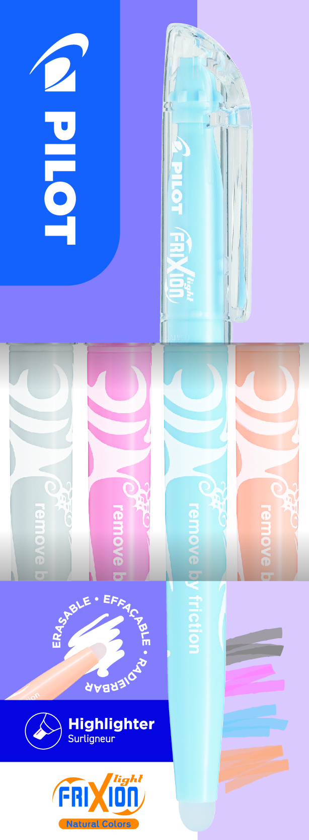 Pilot Frixion Light Natural  Set  4 Kleuren Grijs-Koraal-Hemelsblauwl-Licht Oranje Uitwisbaar