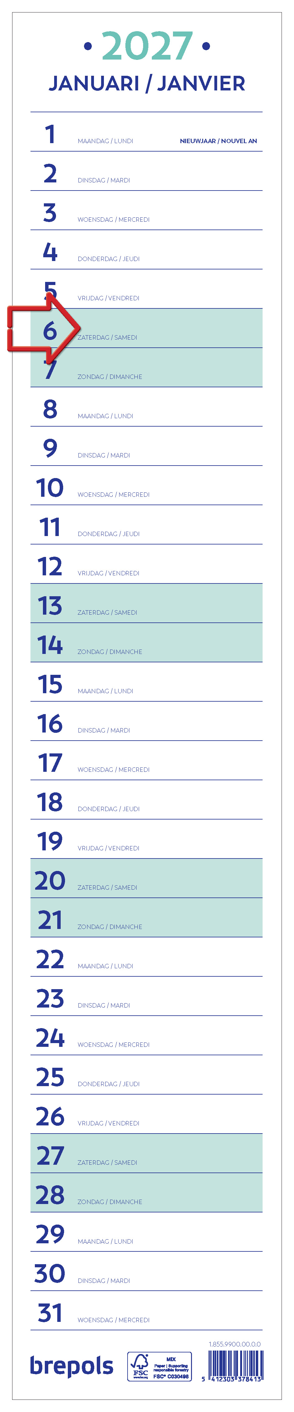 Brepols Lintkalender 2027 - 11x56.5 cm