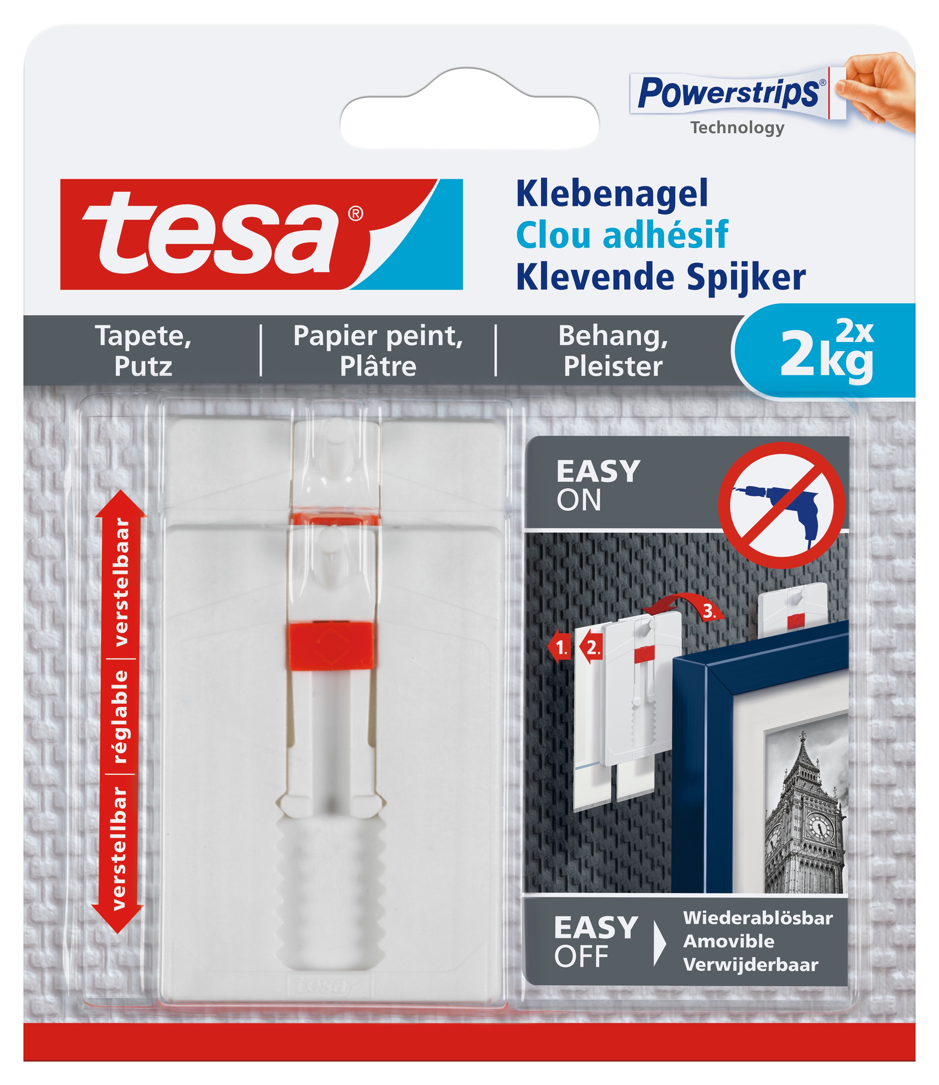 Tesa Verstelbare Klevende Spijker Gevoelige Oppervlakken - tot 2 kg