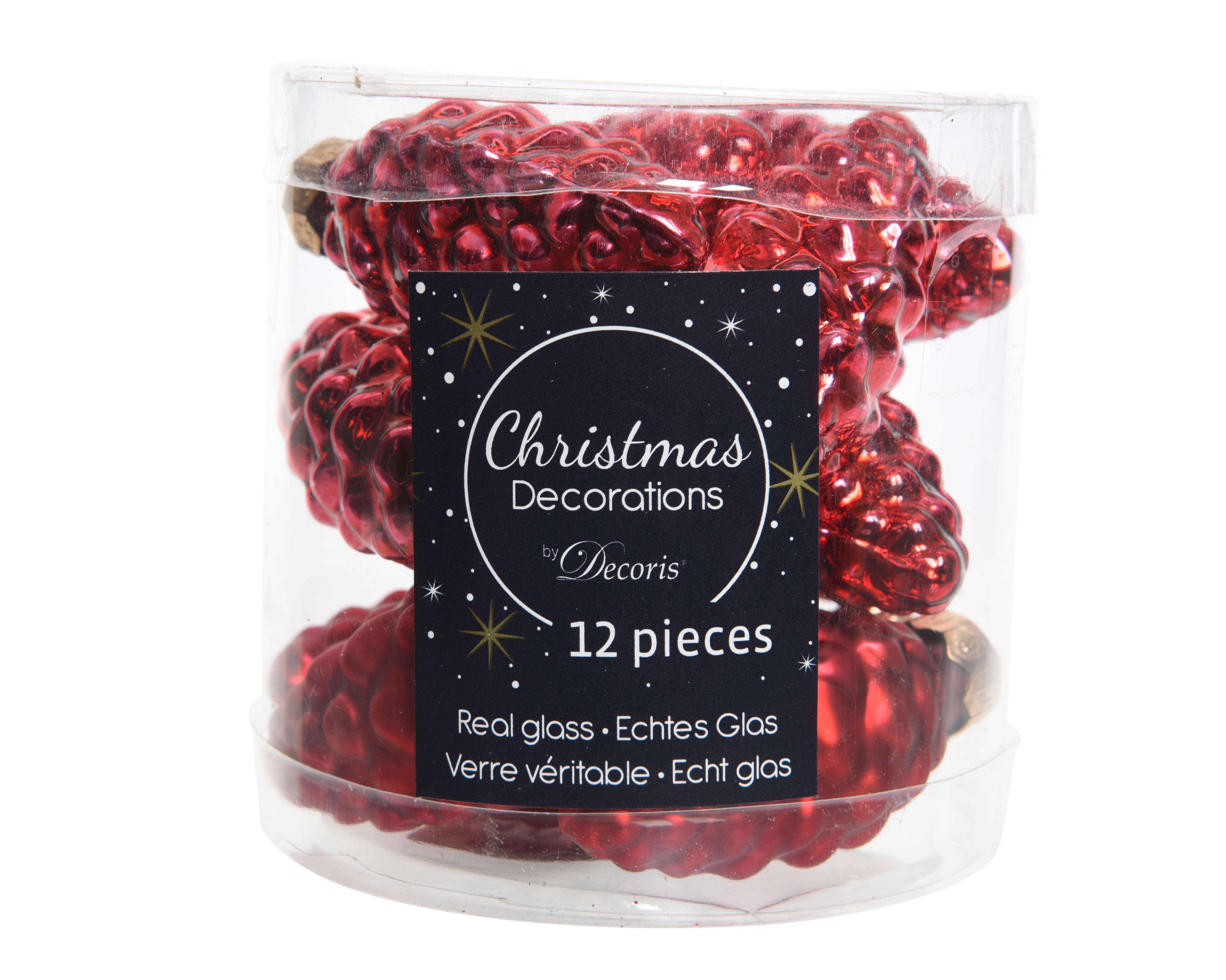 Boomhanger Glas Dennenappel Kerstrood set 12 stuks 2.5x6 cm - Mat/Glanzend