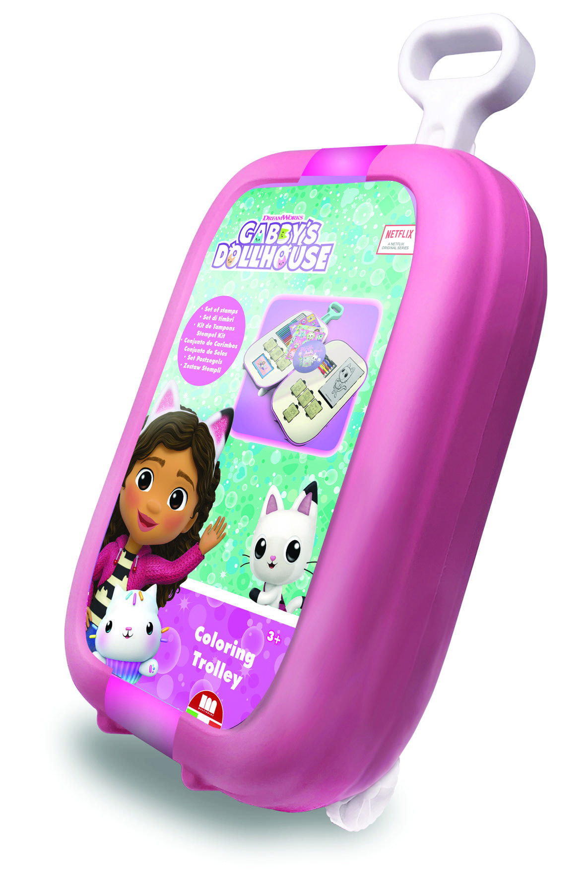 Gabby's Poppenhuis Trolley met 7 houten stempels, 18 stiften, 5 potloden, stickers,inktkussen