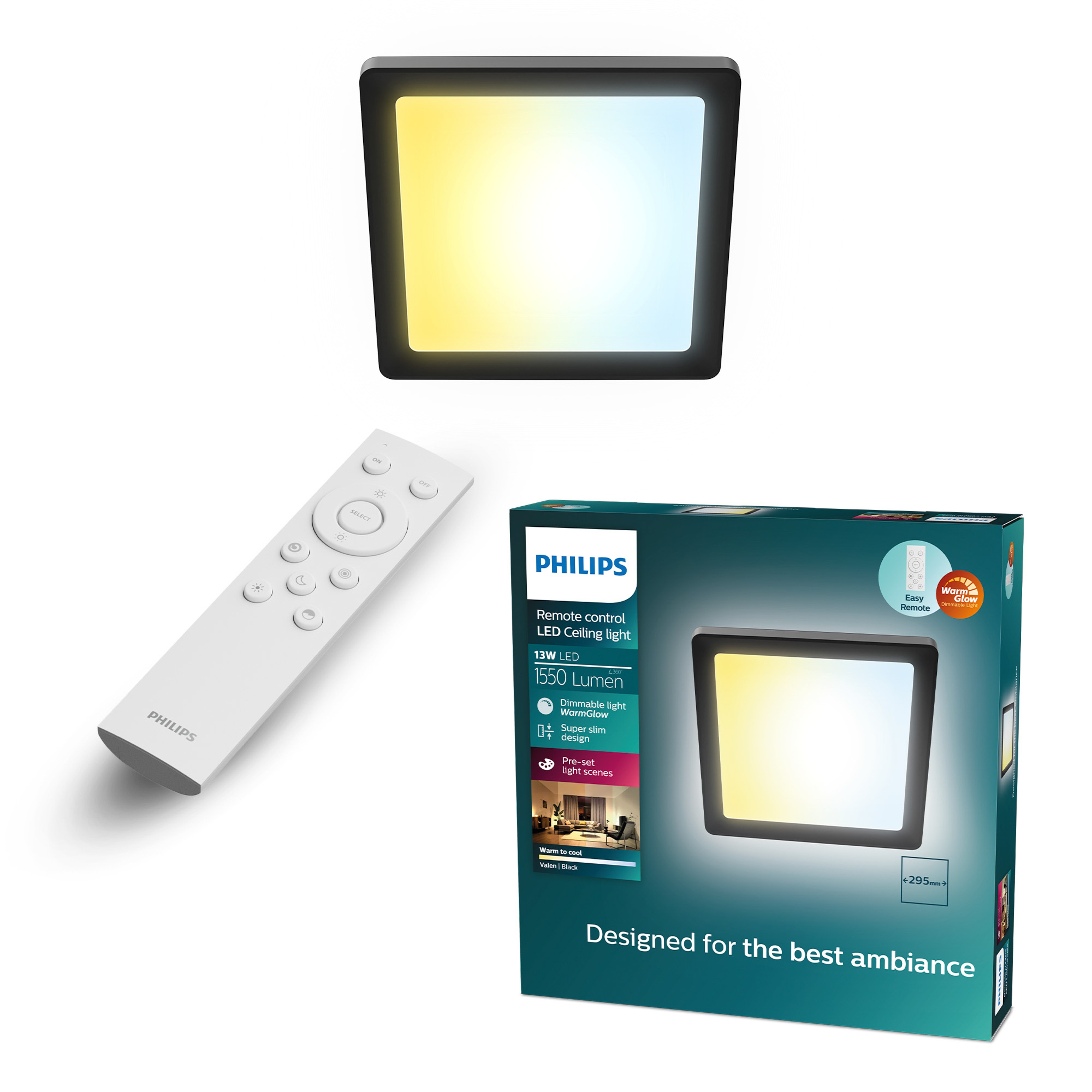 Philips Valen Plafondlamp Vierkant Zwart 29.5 cm 13W 1550lm 2200-6500K