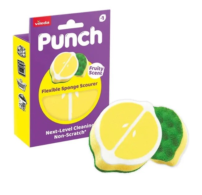 Vileda Schuursponsje Punch Lemon Flexibel - 3-laags - Ideaal voor Smalle glazen en delicate Oppervlaktes - met Geur