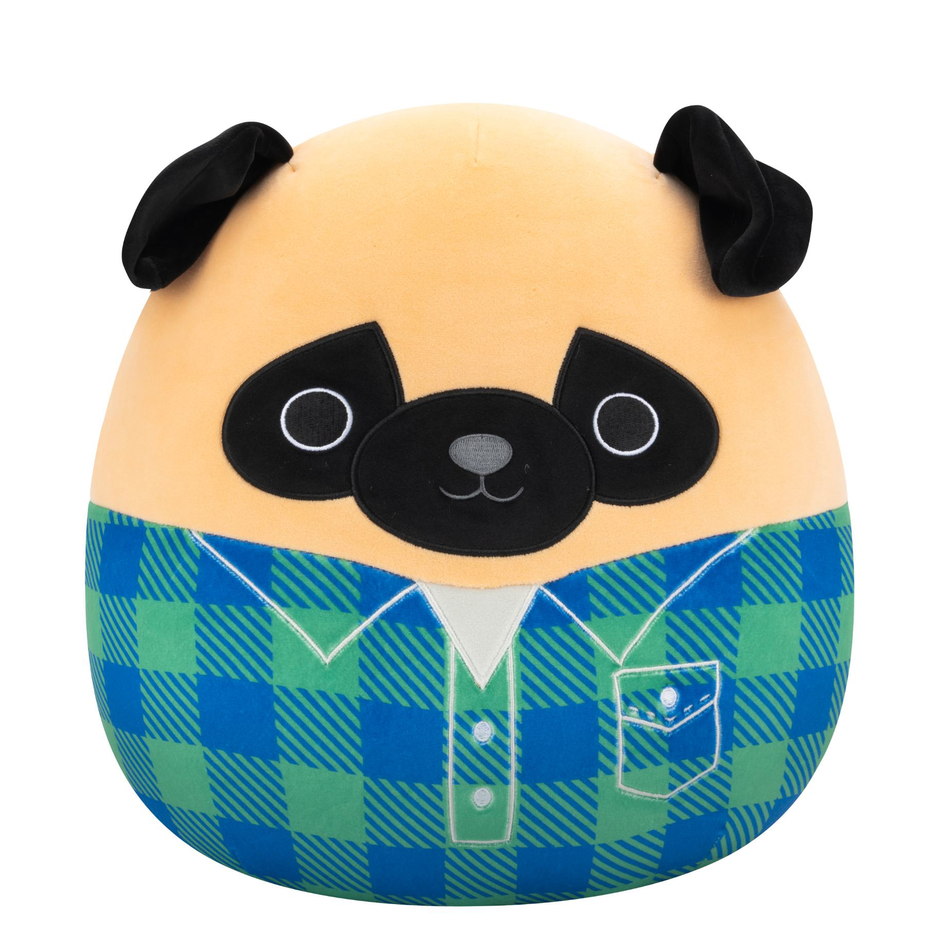 Squishmallows Pluche 30 cm Prince Brown Pug in Green and Blue Flannel Shirt