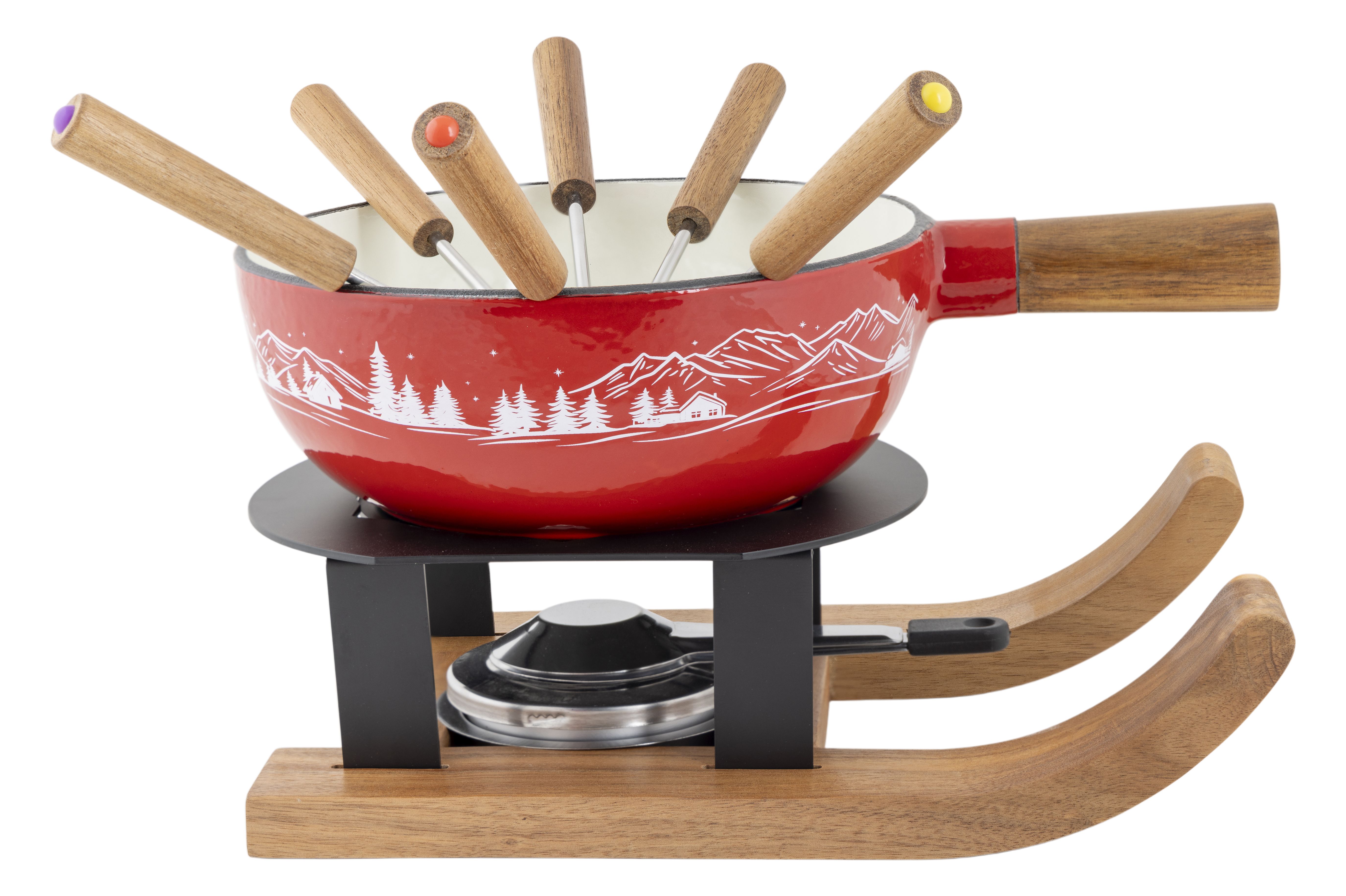 Cosy&Trendy Fondueset Aspen Ski 22cm met 6 Vorkjes - Gietijzer - Rood Cosy&Trendy Fondueset Aspen Ski 22cm met 6 Vorkjes - Gietijzer - Rood