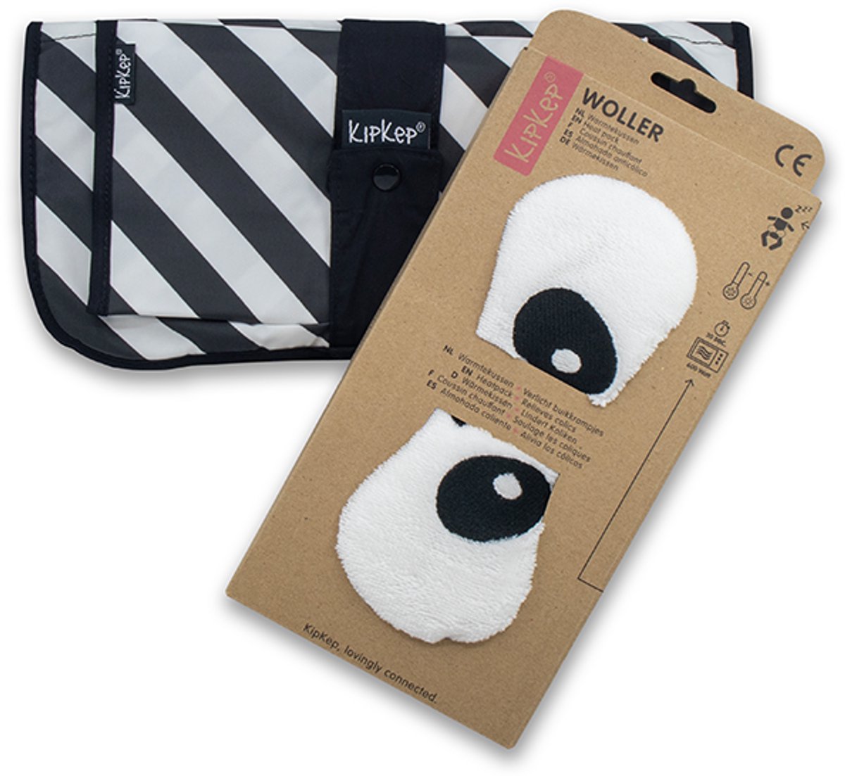Kipkep Verschoonset Black Stripes + Warmtekussen Panda White