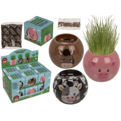 Bloempot Boerderijdier met Graszaad 6.5cm - assorti - prijs per stuk