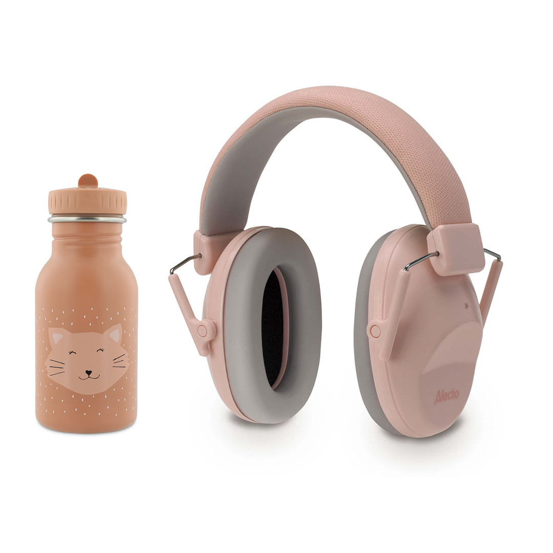 SET Gehoorbeschermer Roze + Drinkfles Kat 350ml