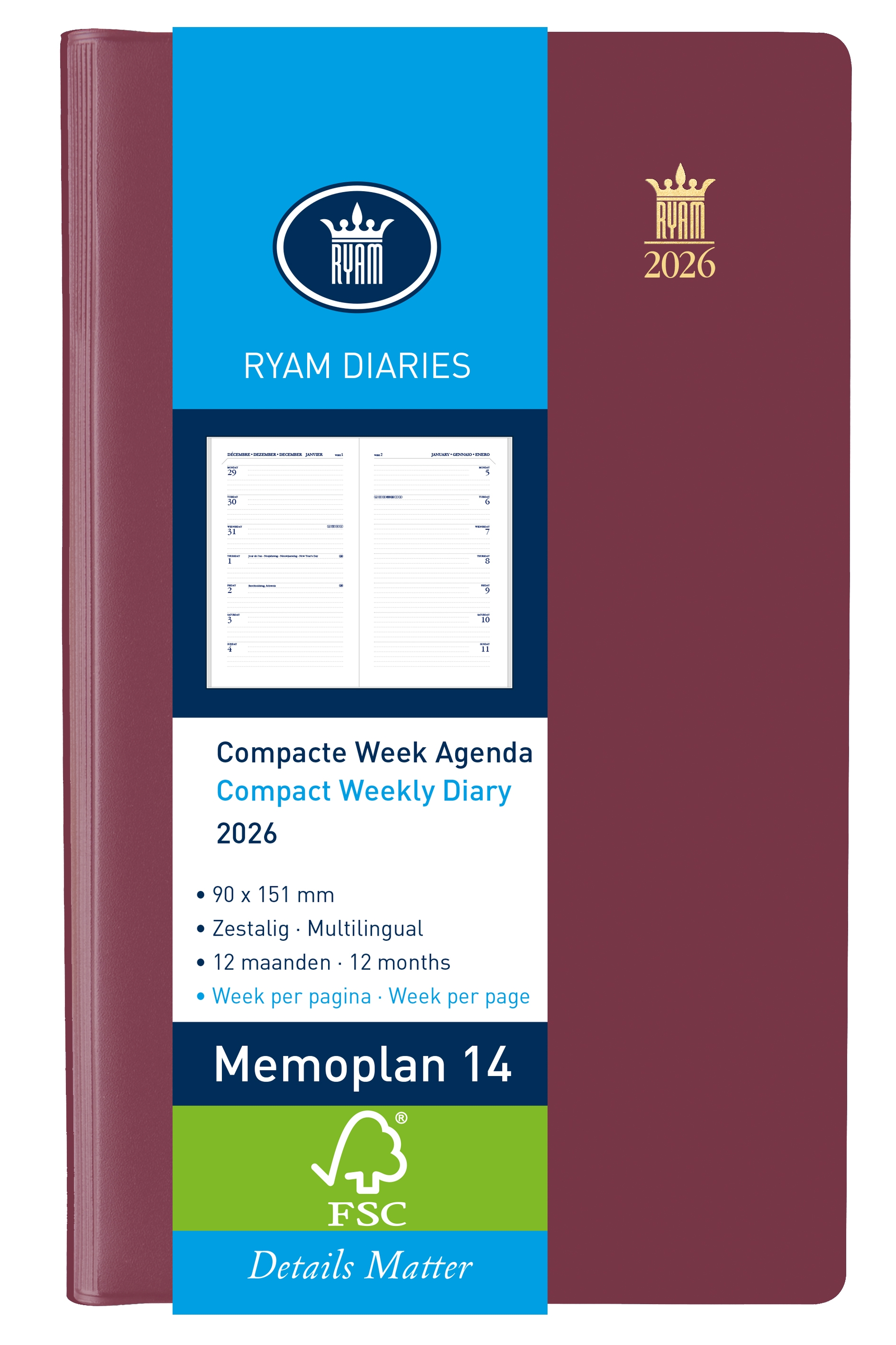 Ryam Agenda 2026 Memoplan 14 Suprema Wit 1week/pag Bordeaux 9x15 cm