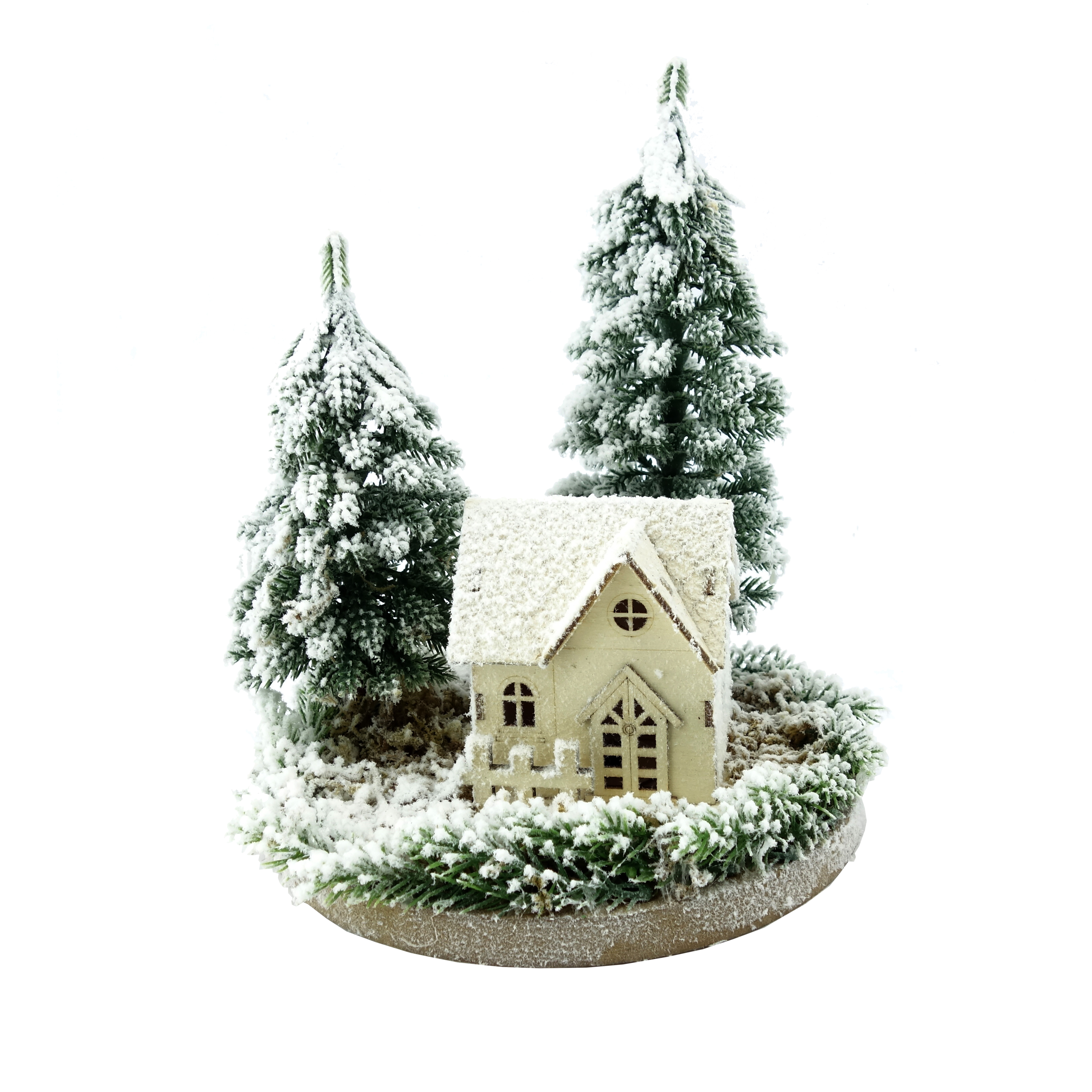 Deco Snowy House LED 20x25 cm met 2 Boompjes - 42 Tips - PE - op Batterijen