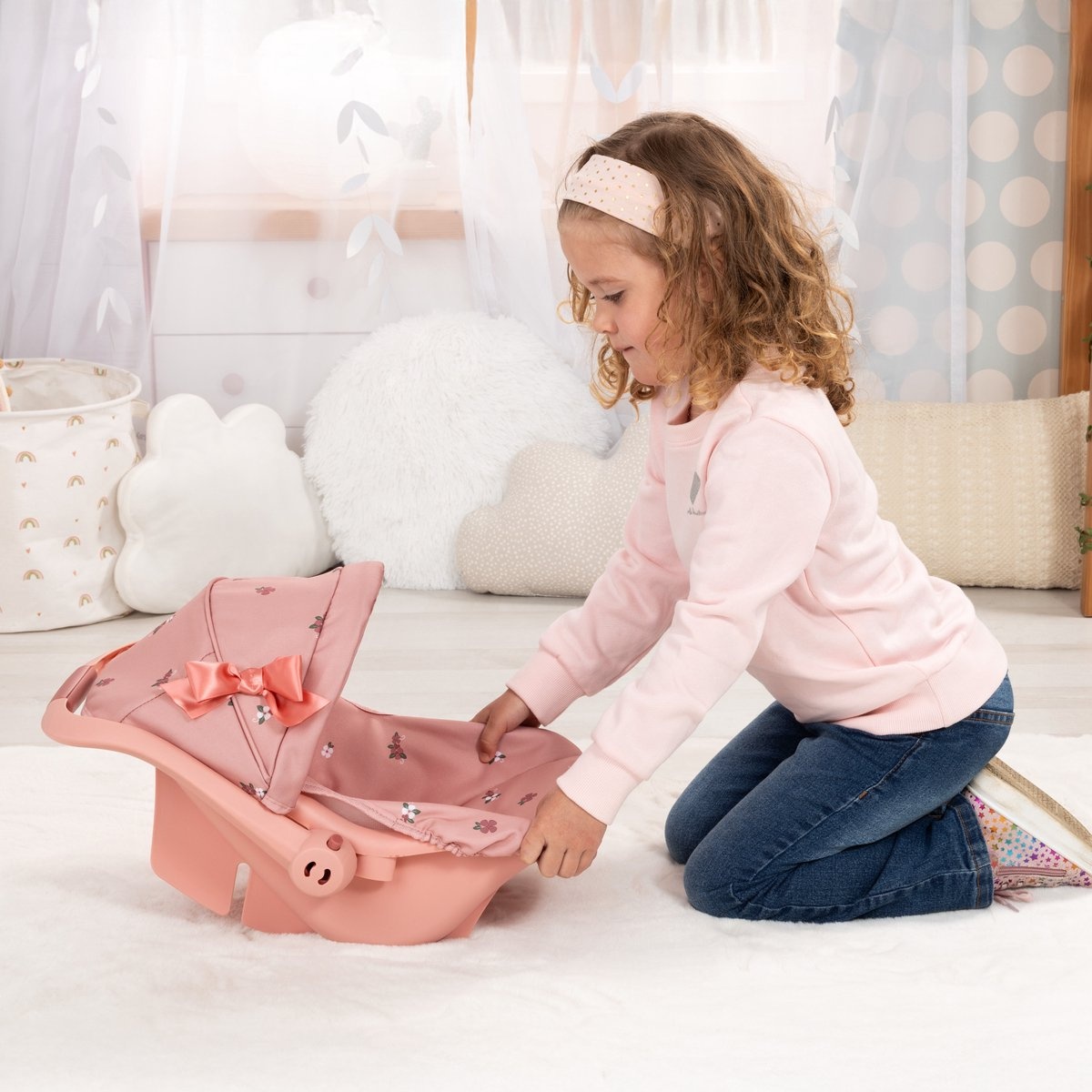 Poppendraagstoel met stoffen kap, roze met eenhoorn